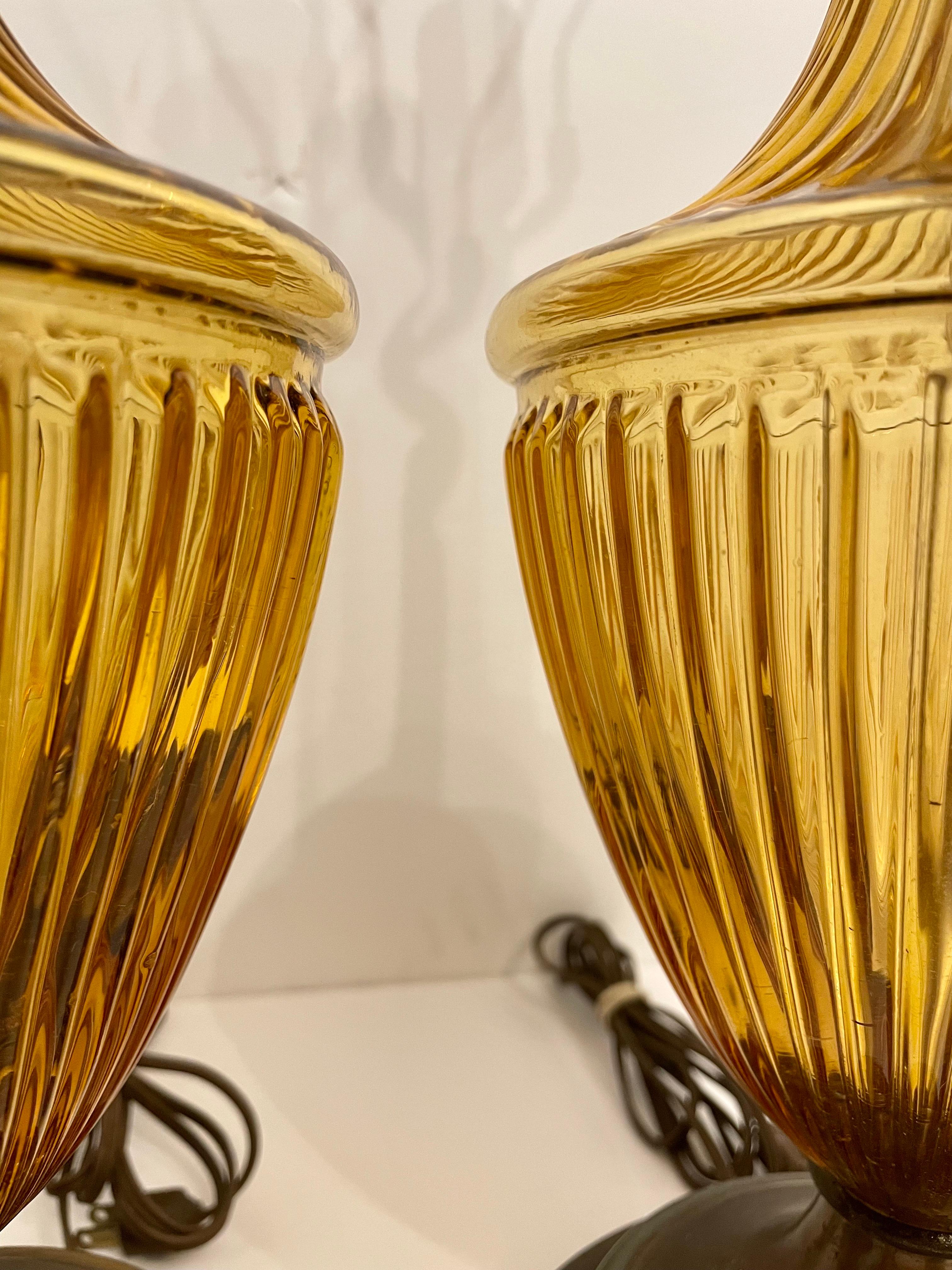 Pair Mid Century Amber Glass Lamps For Sale 2