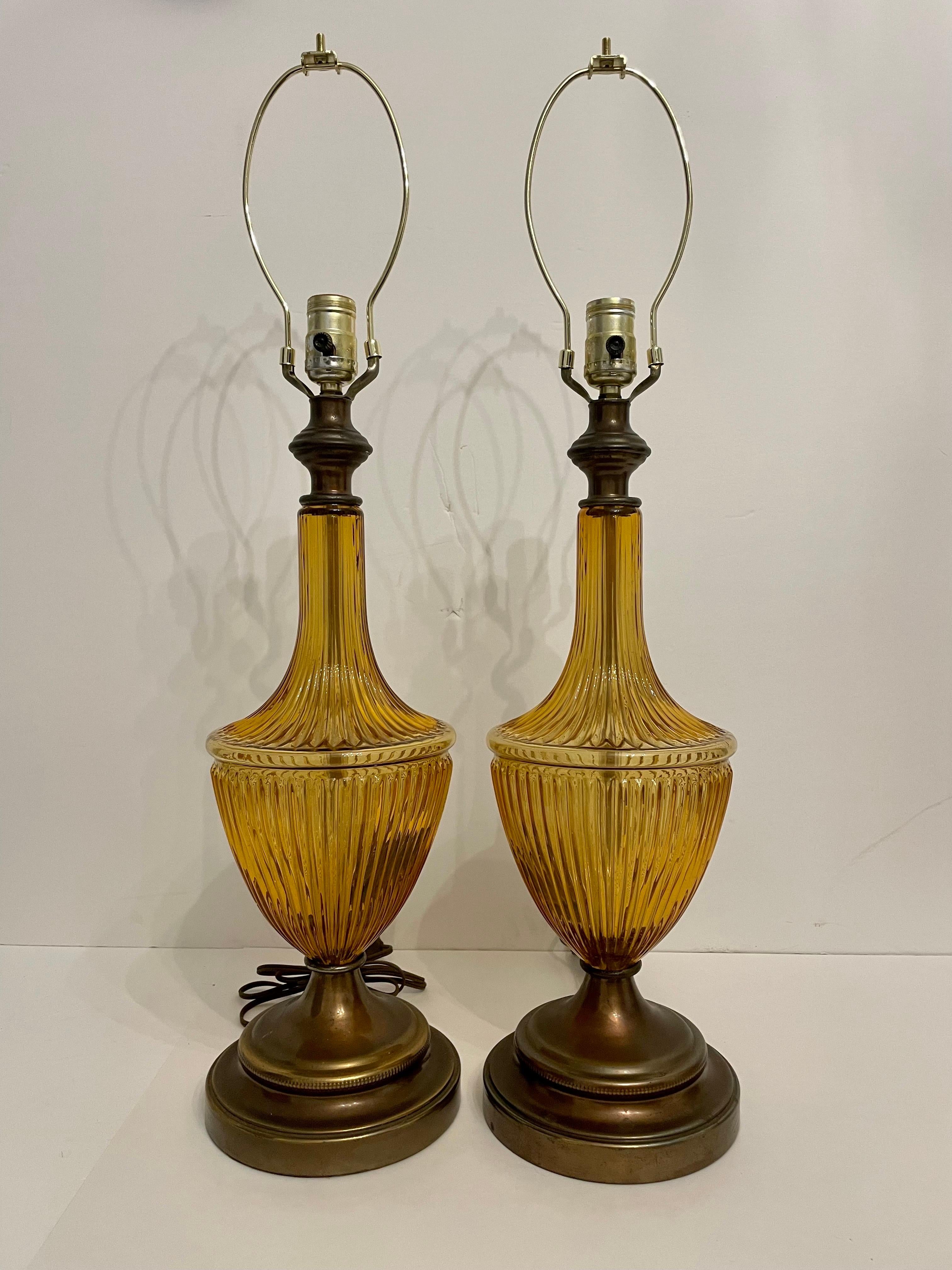 Mid-Century Modern Pair Mid Century Amber Glass Lamps For Sale