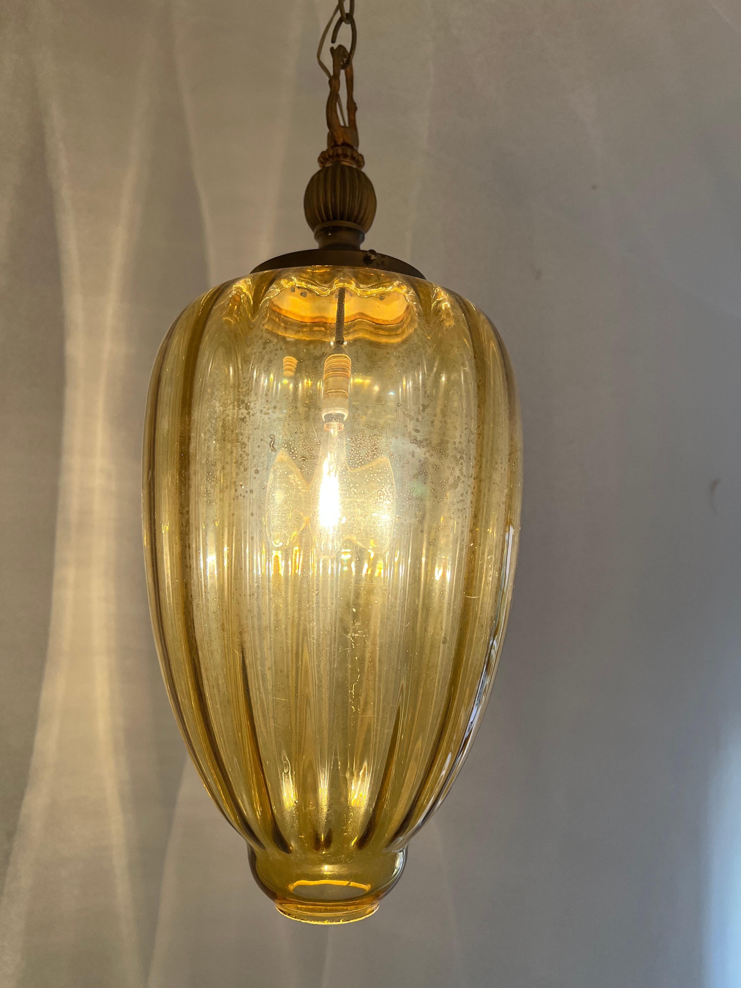 Late 20th Century Pair Amber Lantern Chandeliers, Murano