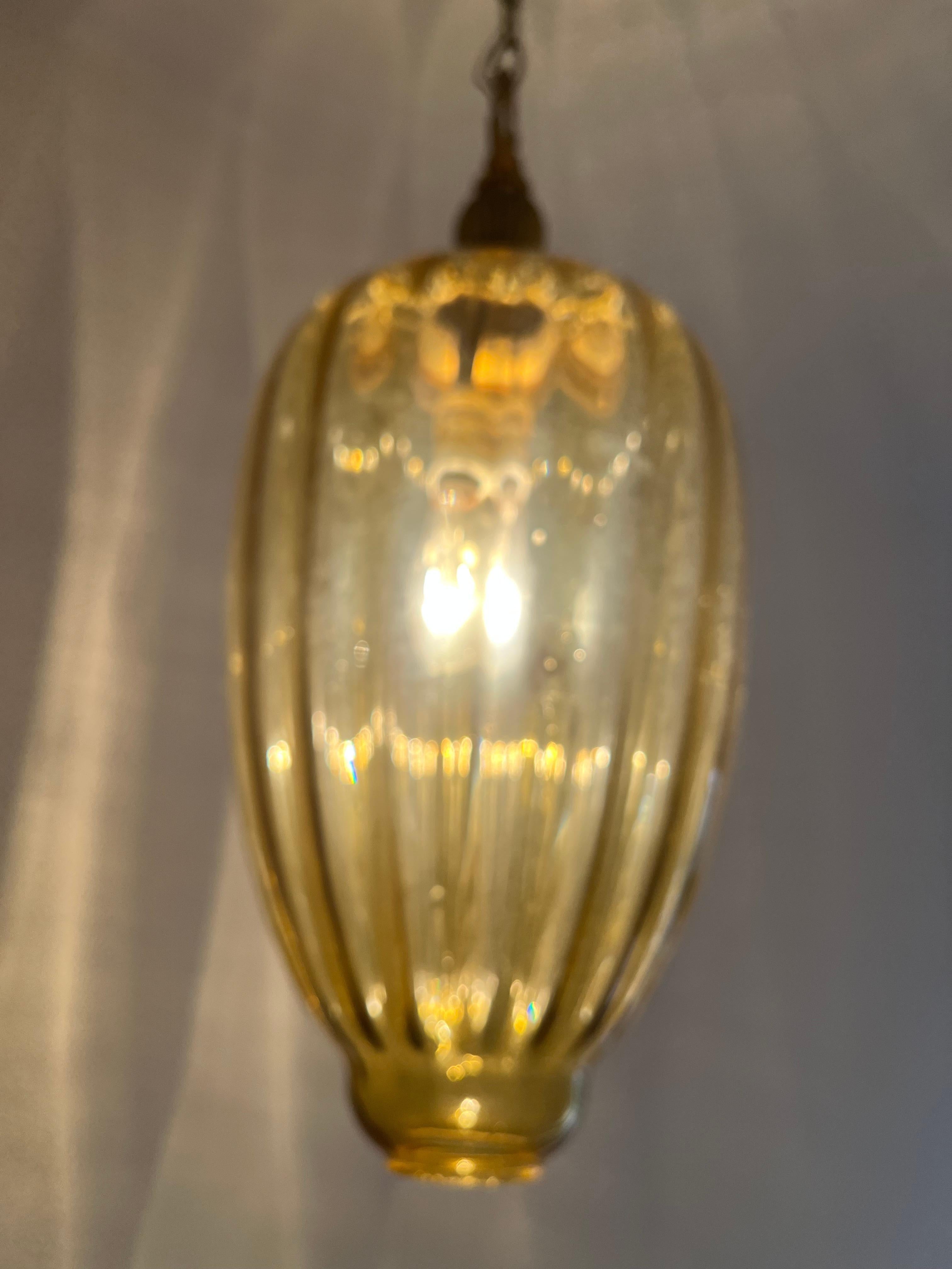 Brass Pair Amber Lantern Chandeliers, Murano