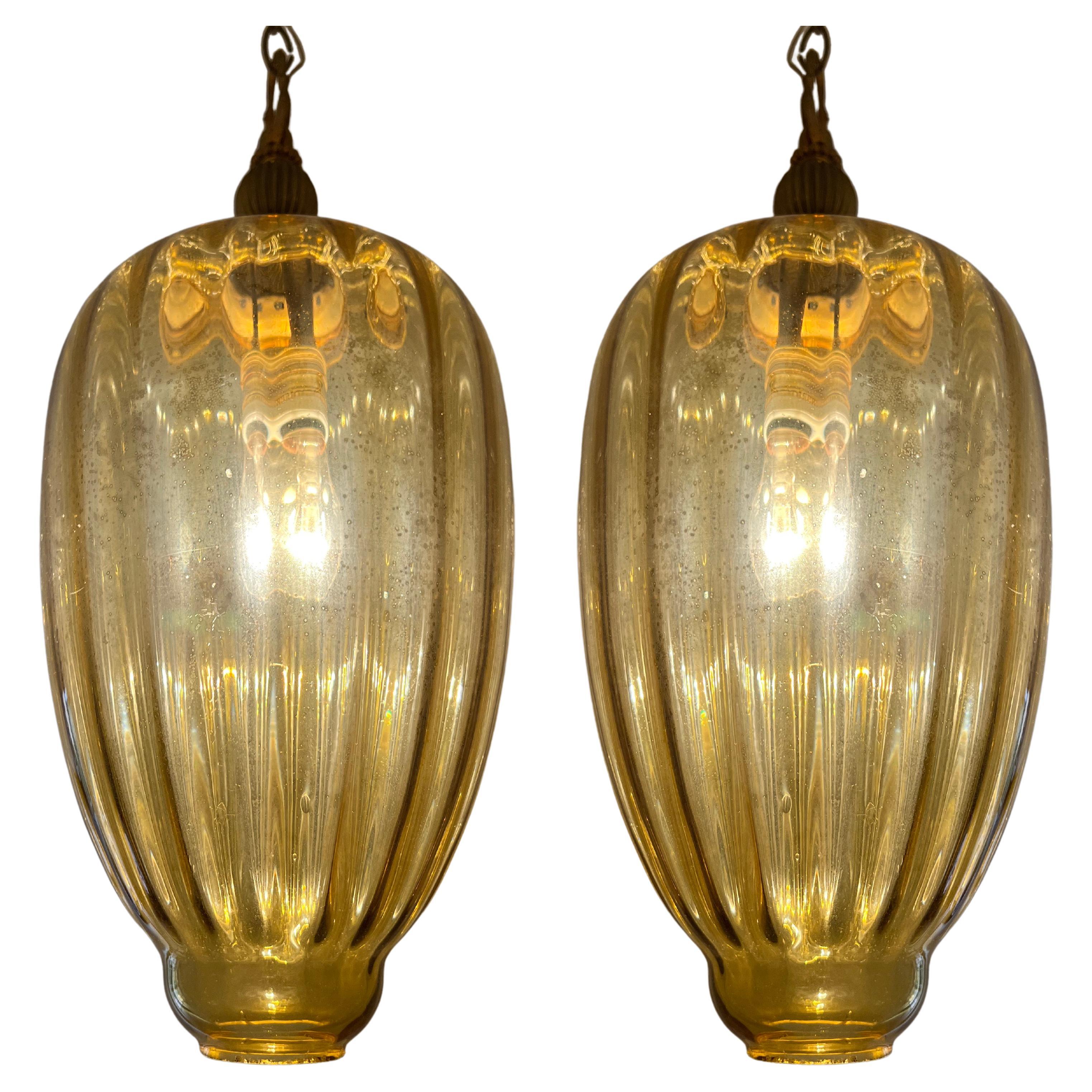 Pair Amber Lantern Chandeliers, Murano