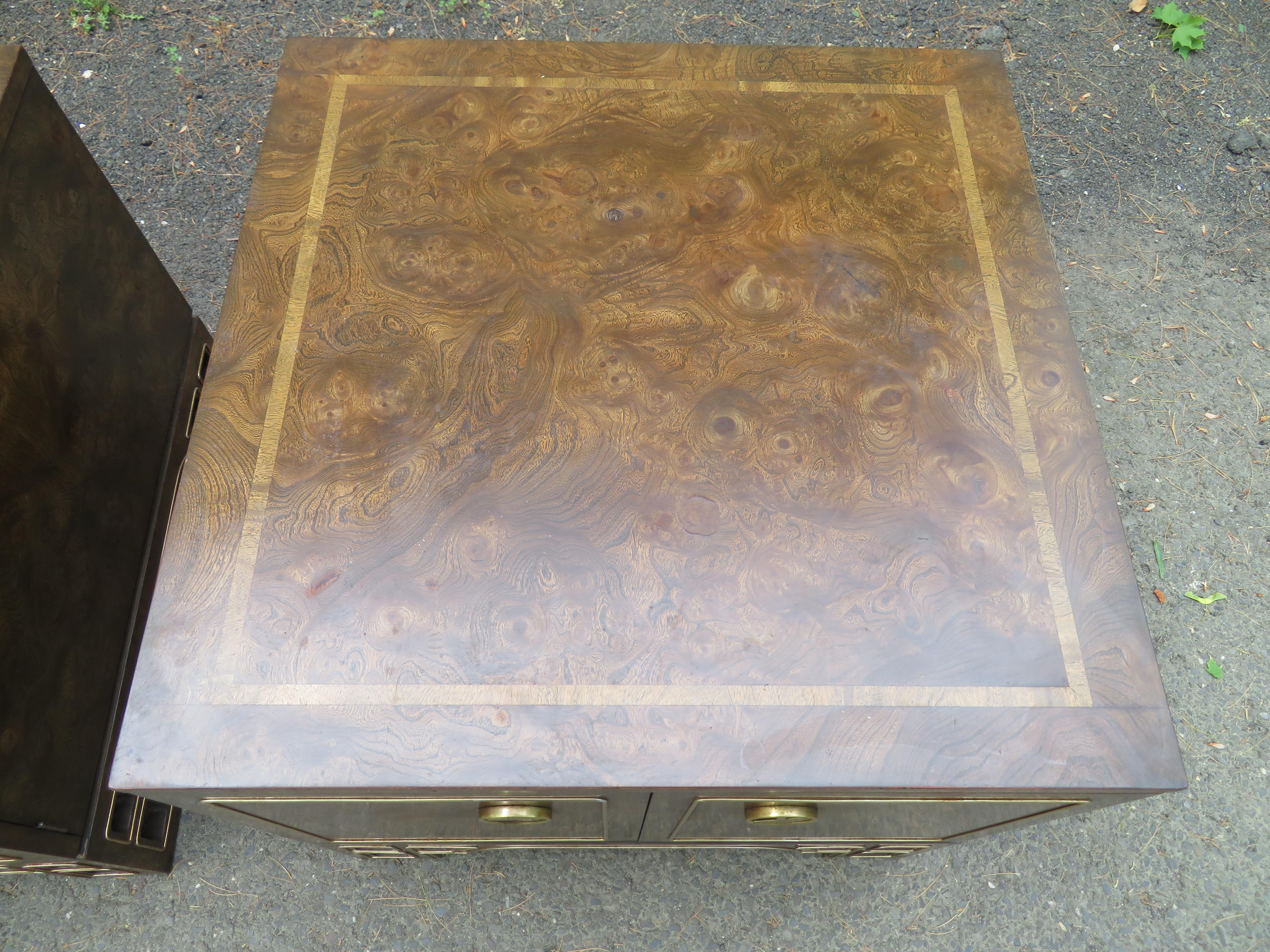 Late 20th Century Pair Amboyna Burl Brass Mastercraft Asian End/Night Stands Mid-Century Modern For Sale