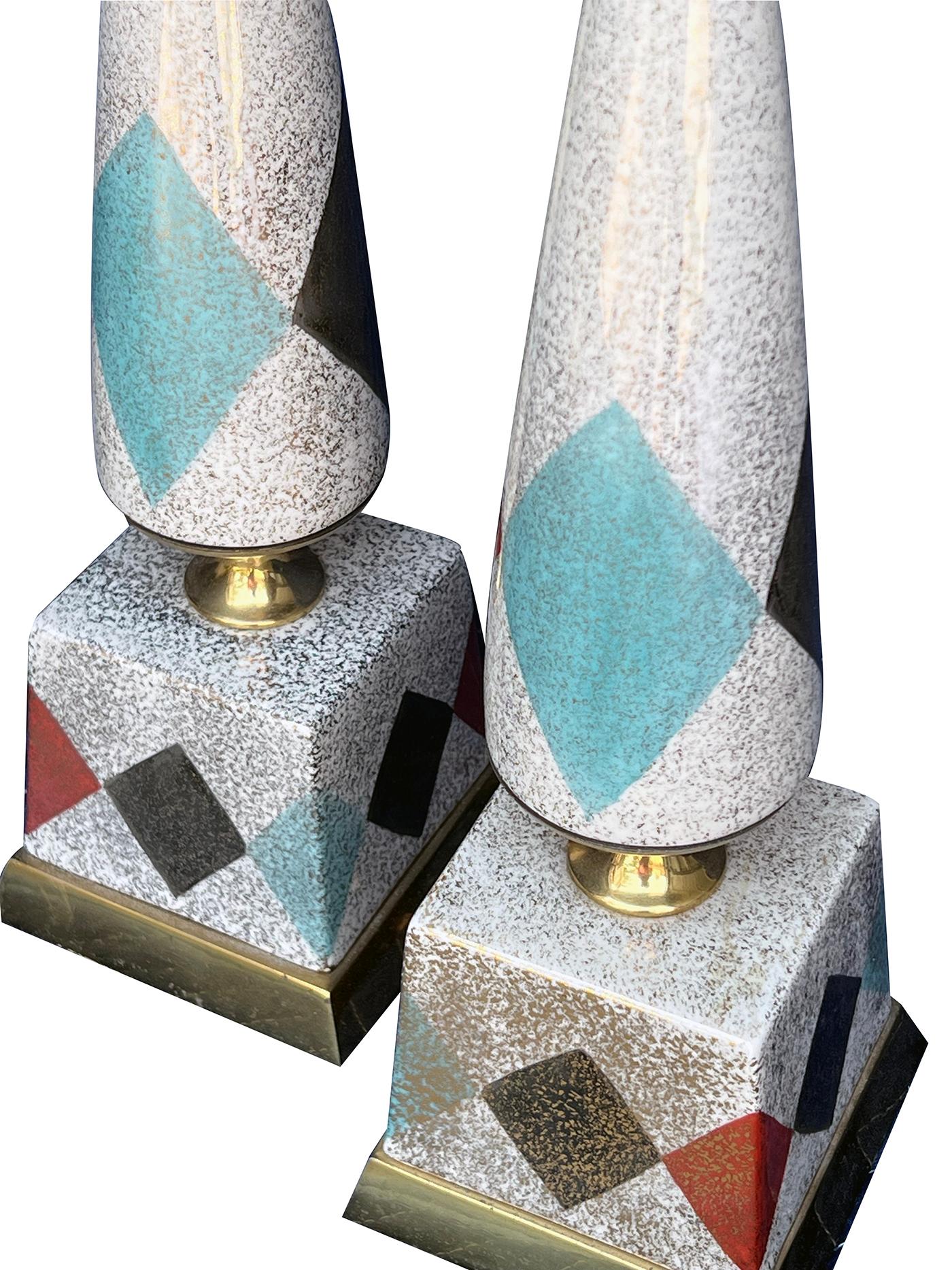 Mid-Century Modern Pair American 1950s Porcelain Lamps with Harlequin Motif For Sale