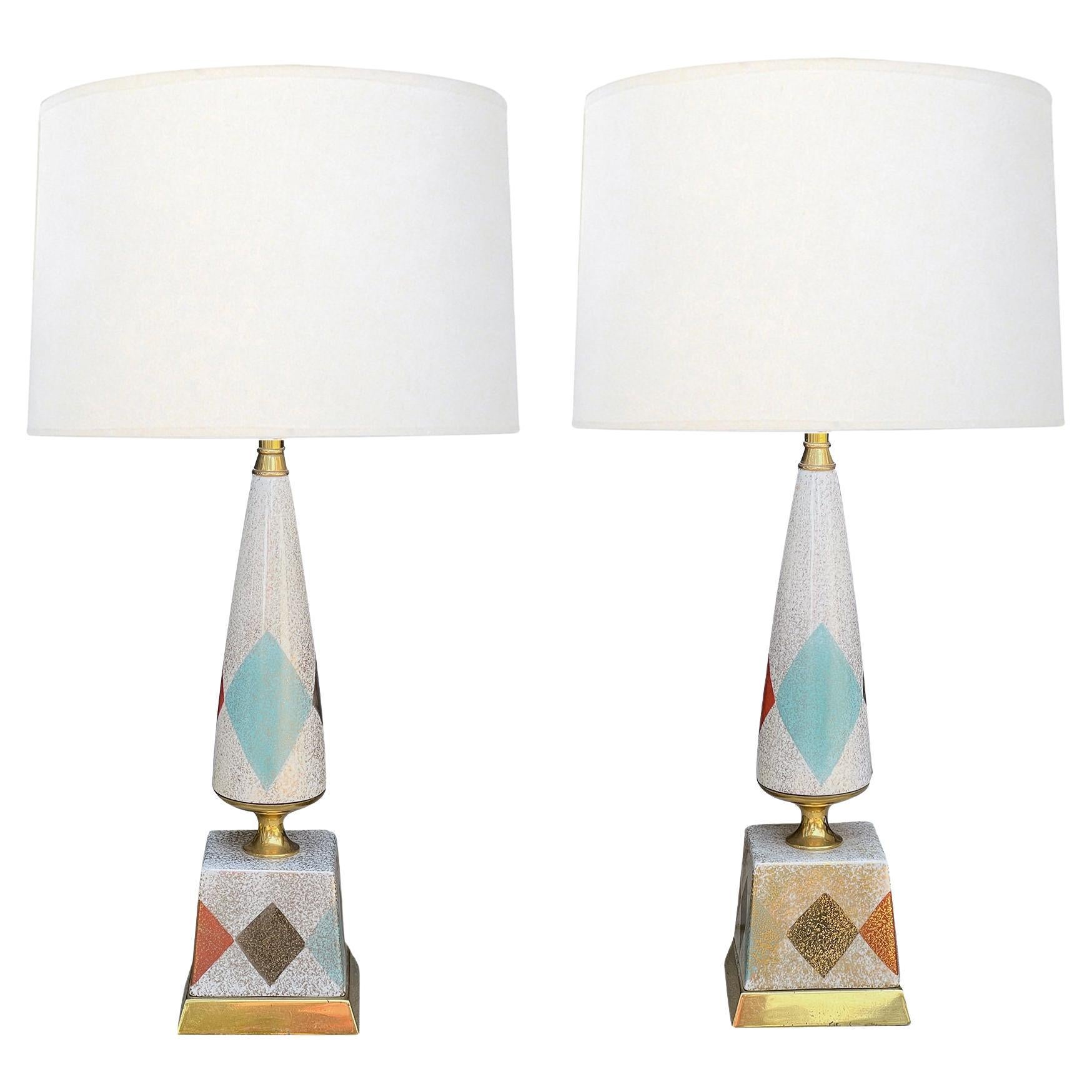 Pair American 1950s Porcelain Lamps with Harlequin Motif For Sale
