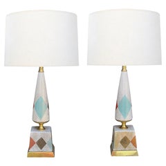 Pair American 1950s Porcelain Lamps with Harlequin Motif