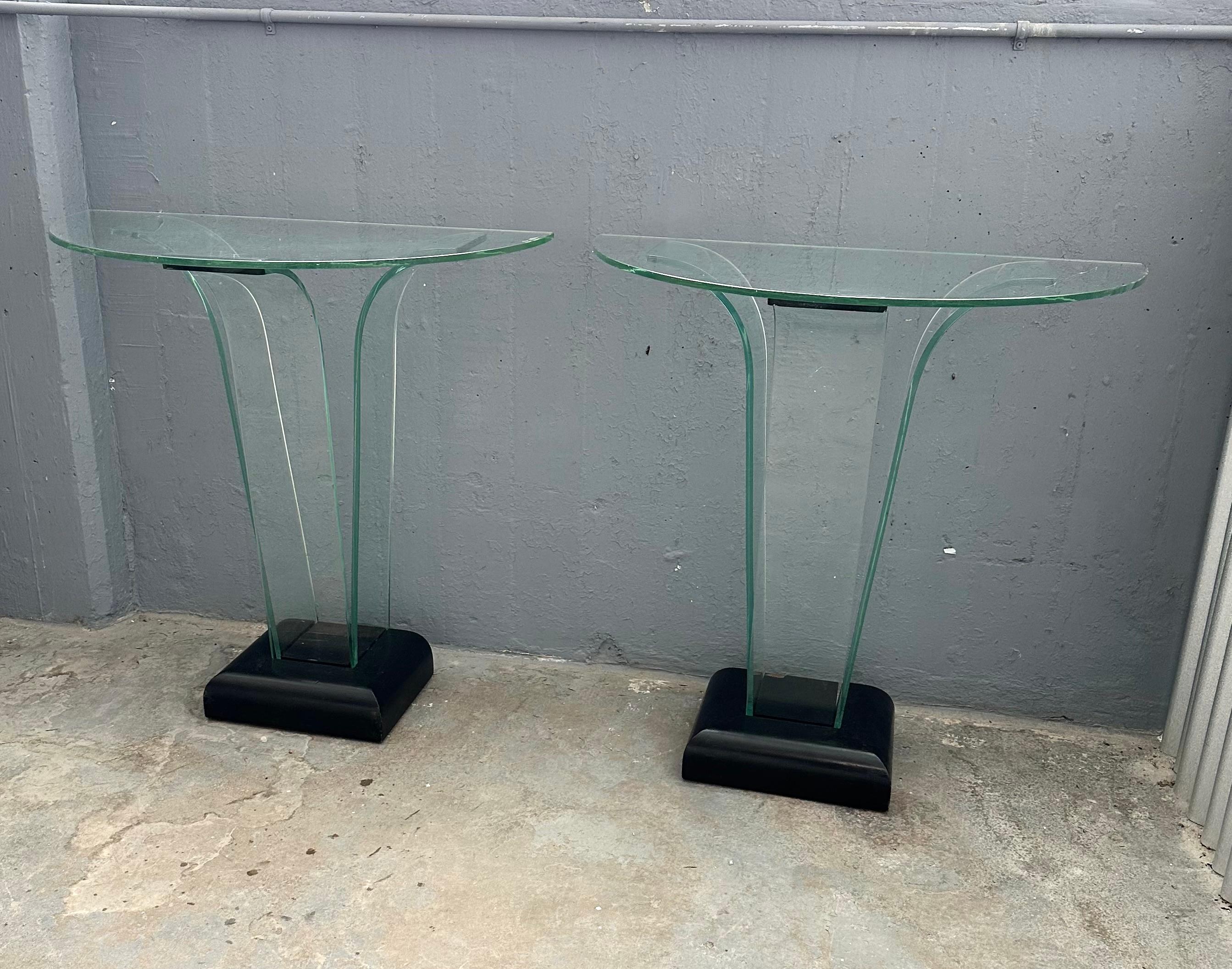 Pair American Art Deco Curved Glass Console Tables by Ben Mildwoff For Sale 1