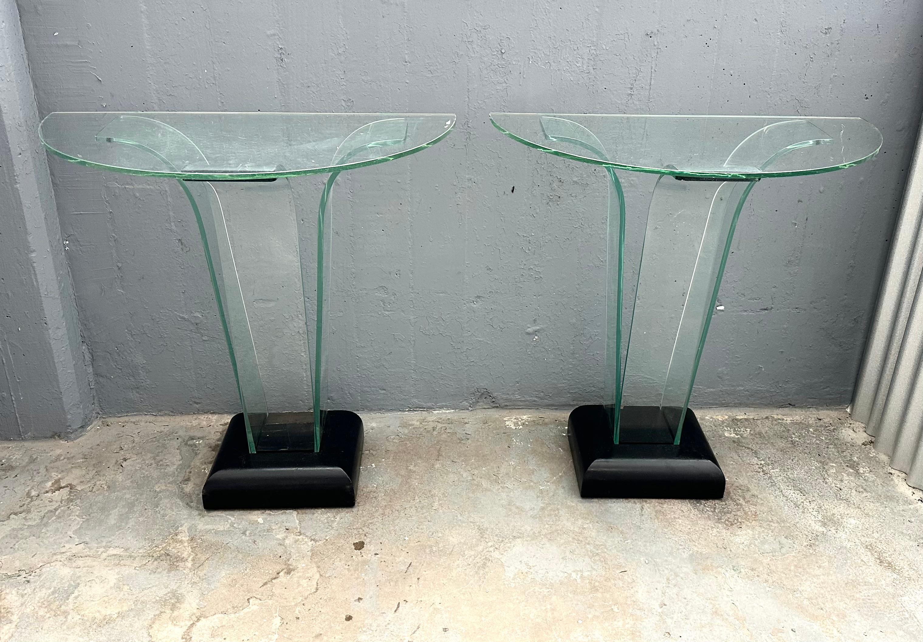 Pair American Art Deco Curved Glass Console Tables by Ben Mildwoff For Sale 2