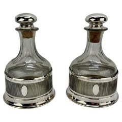 Pair, American Art Deco Silver Plated Spirit Decanters w/ Pierced Coasters