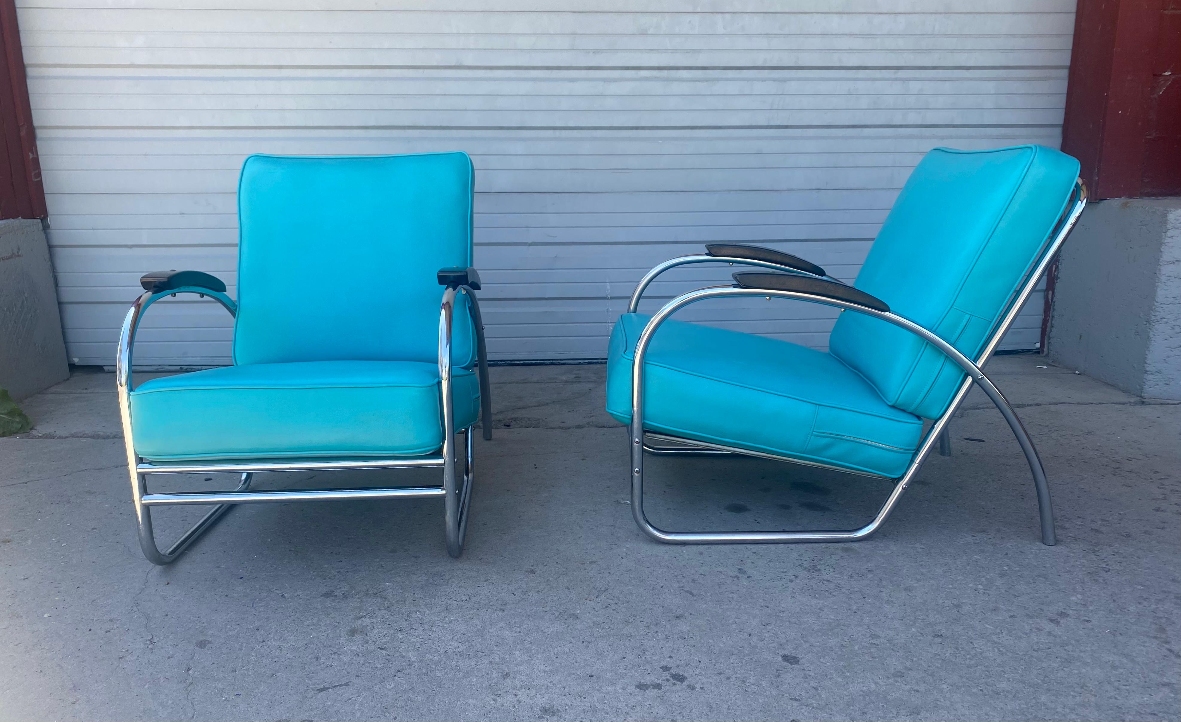 Classic American Art Deco / Streamline Lounge Chairs manufactured by Royal Metal Company.. Stunning lines ..scale,, Recently reupholstered in a high grade Turquoise...Chrome frames in great original condition ..Stylish and extremely comfortable,,