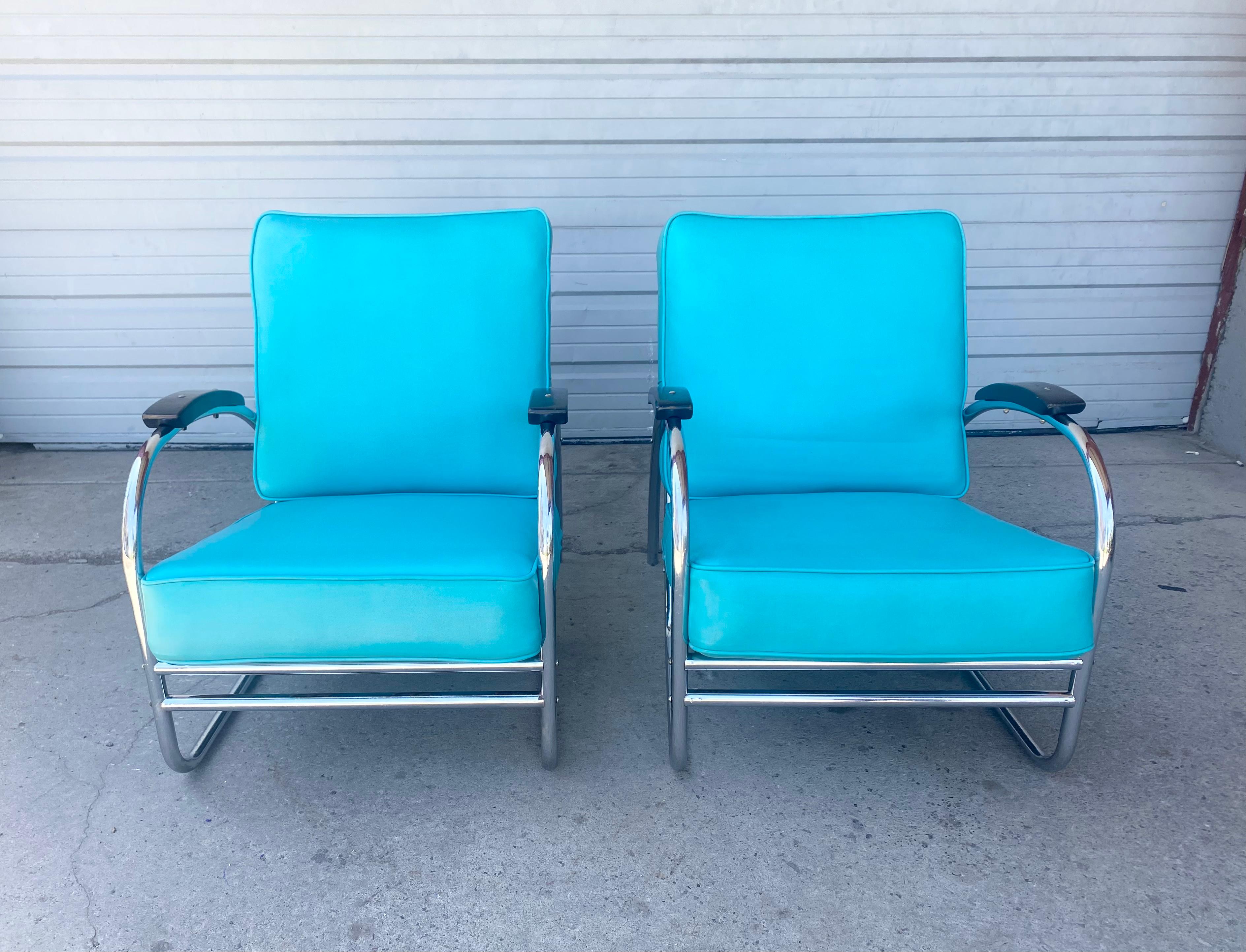 Laminated Pair American Art Deco / Streamline Chrome Lounge Chairs  by Royal Metal  For Sale