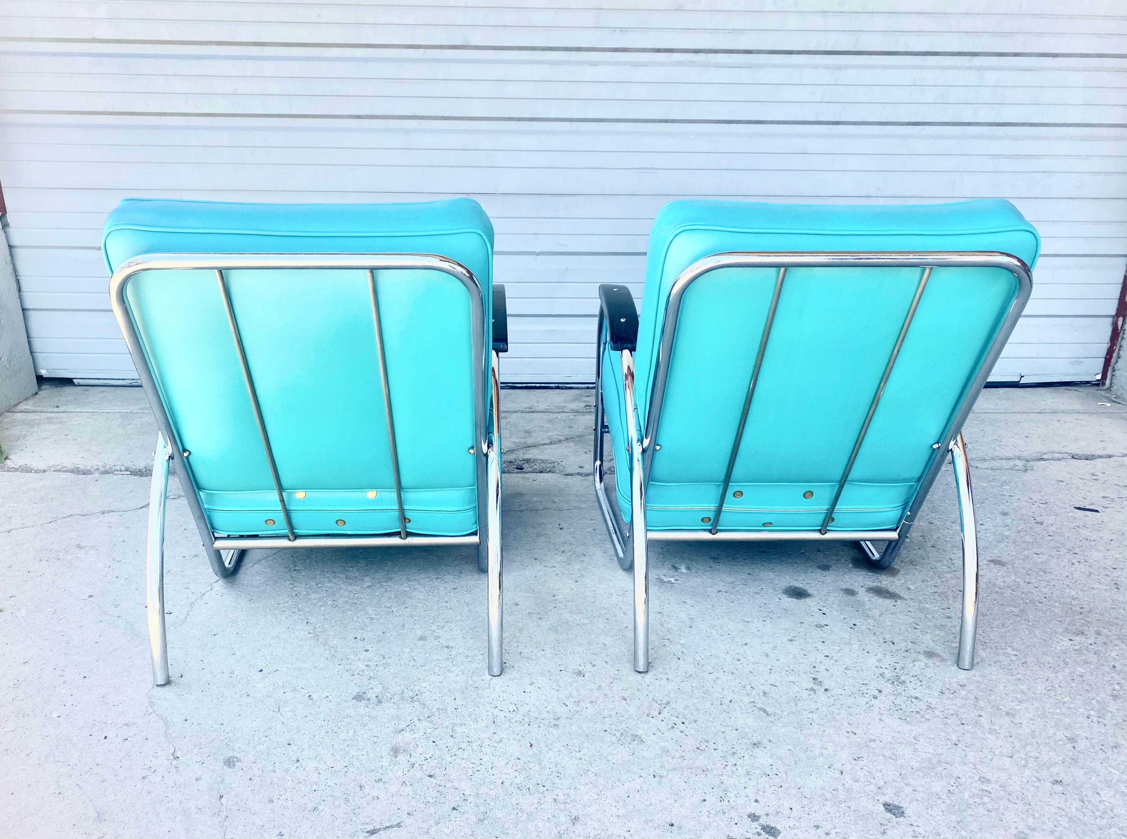 Naugahyde Pair American Art Deco / Streamline Chrome Lounge Chairs  by Royal Metal  For Sale