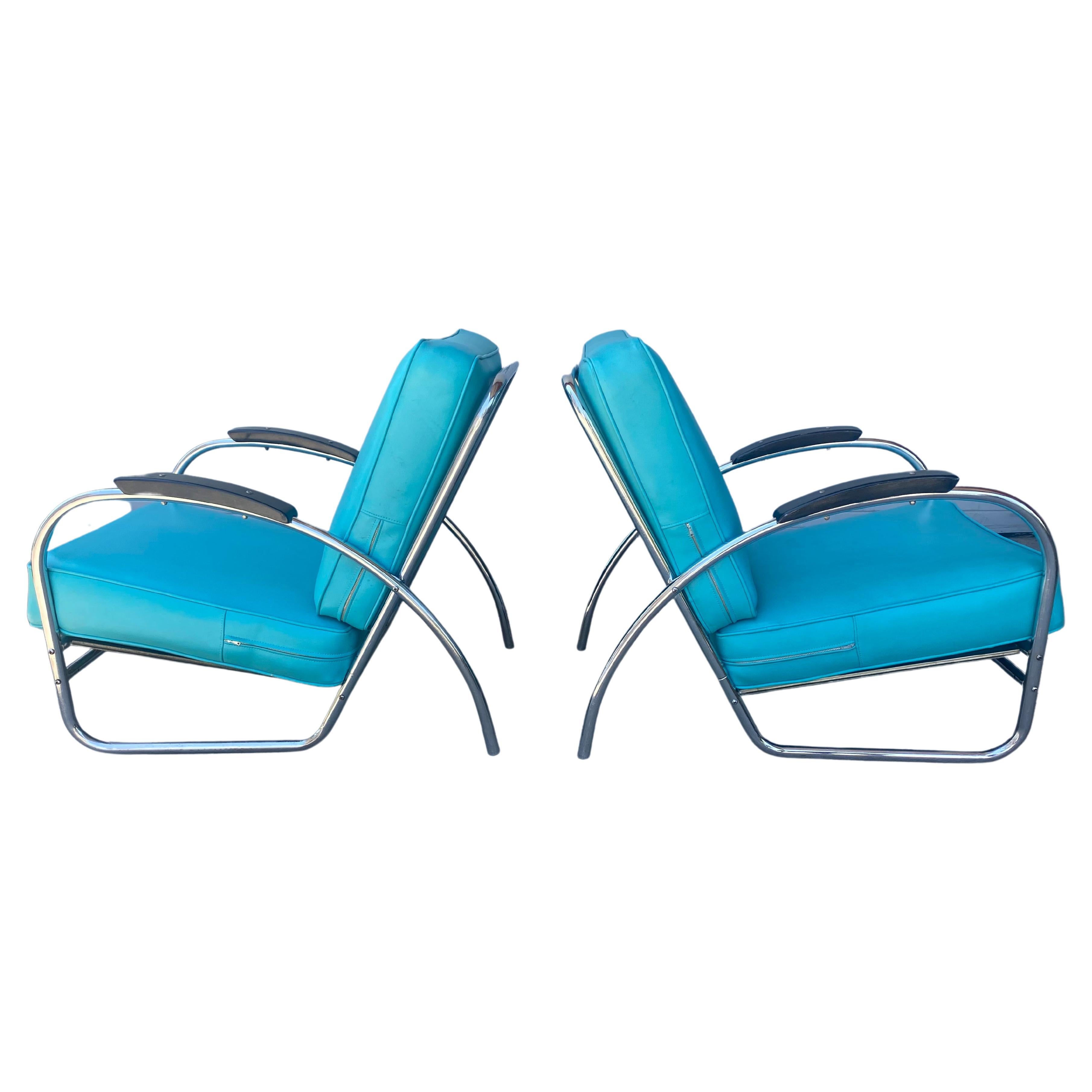 Pair American Art Deco / Streamline Chrome Lounge Chairs  by Royal Metal 