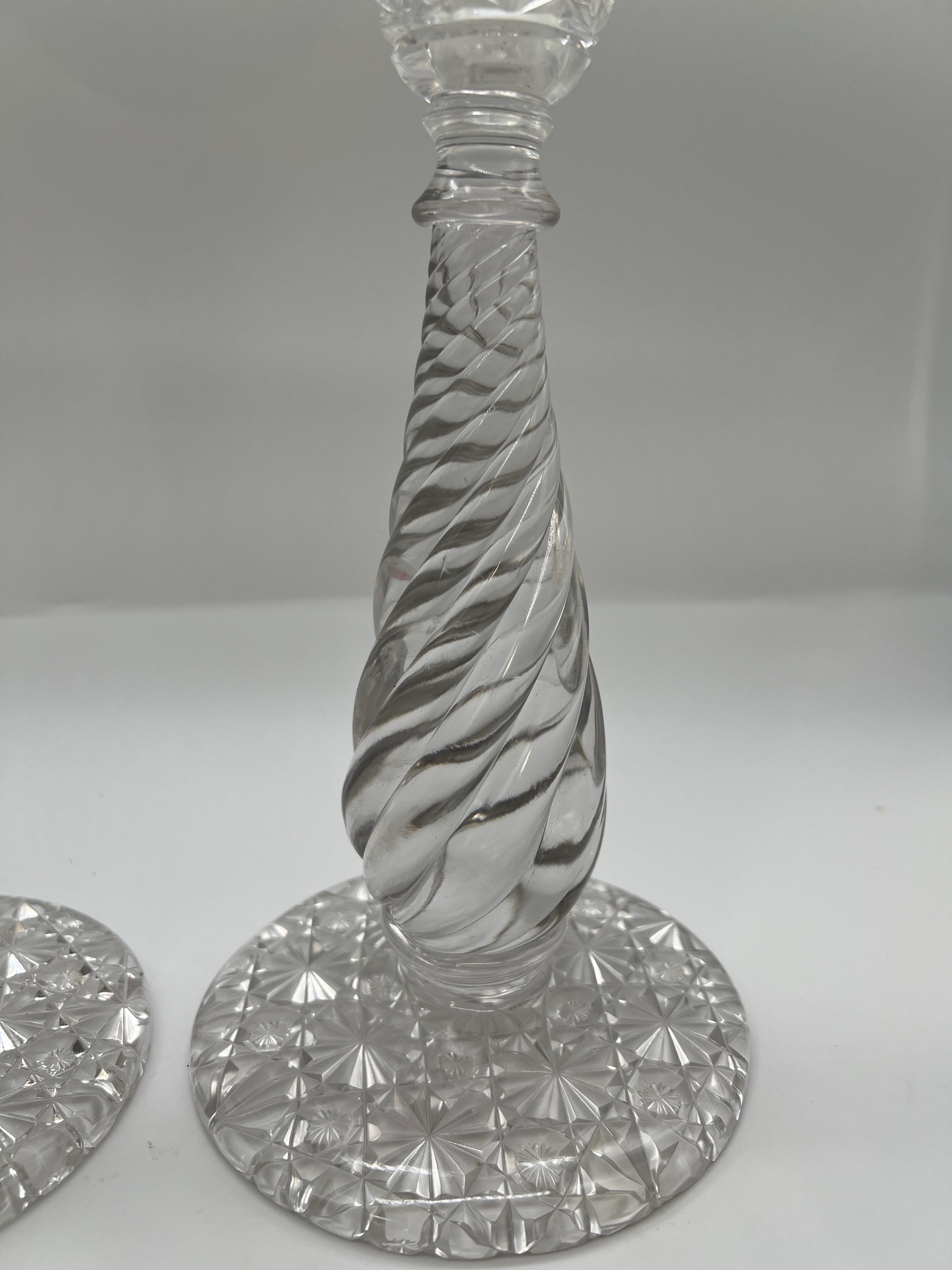 Pair, American Brilliant Period Cut Glass Russian & Swirl Pattern Candlesticks  In Good Condition For Sale In Atlanta, GA