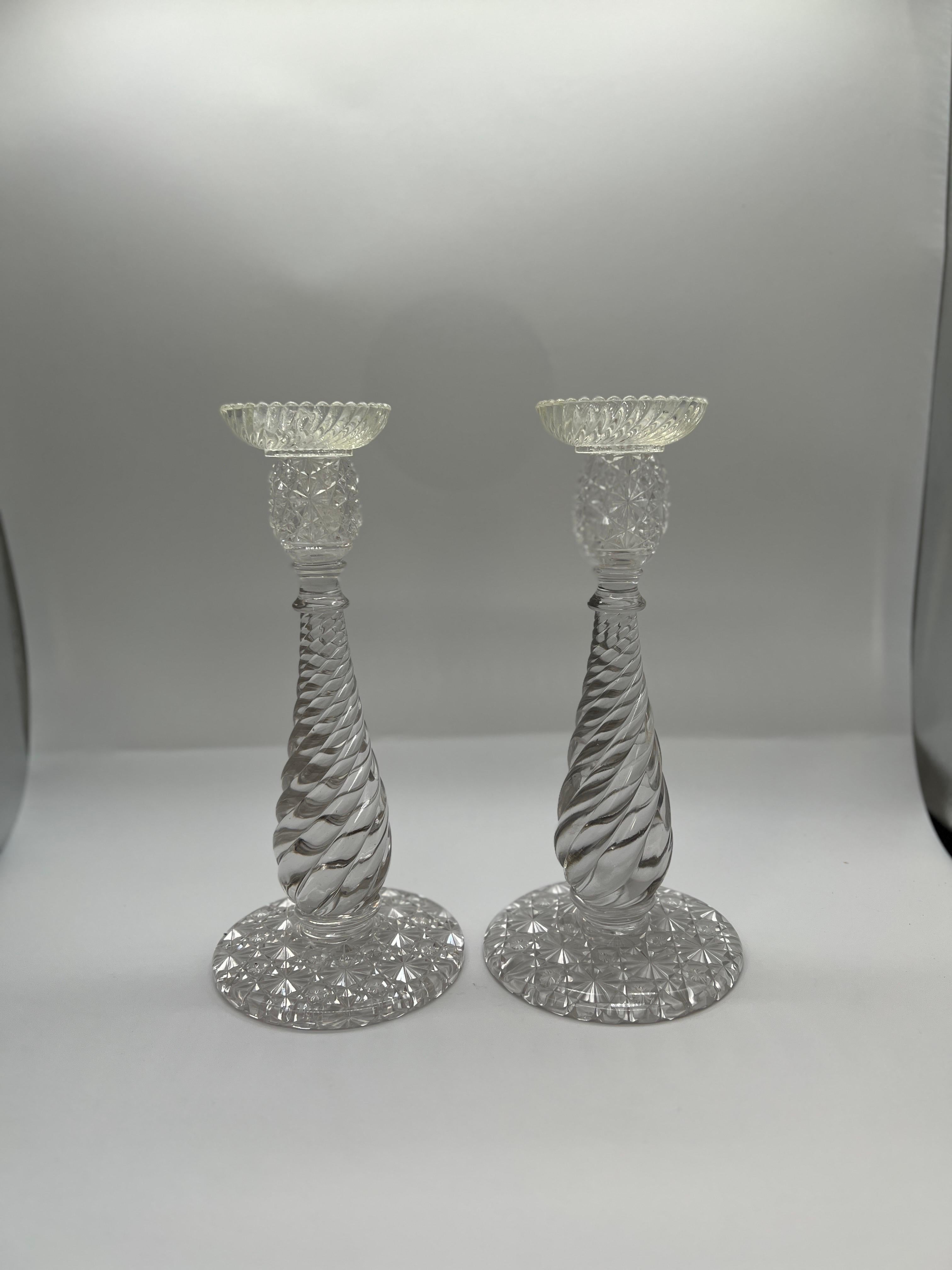 19th Century Pair, American Brilliant Period Cut Glass Russian & Swirl Pattern Candlesticks  For Sale