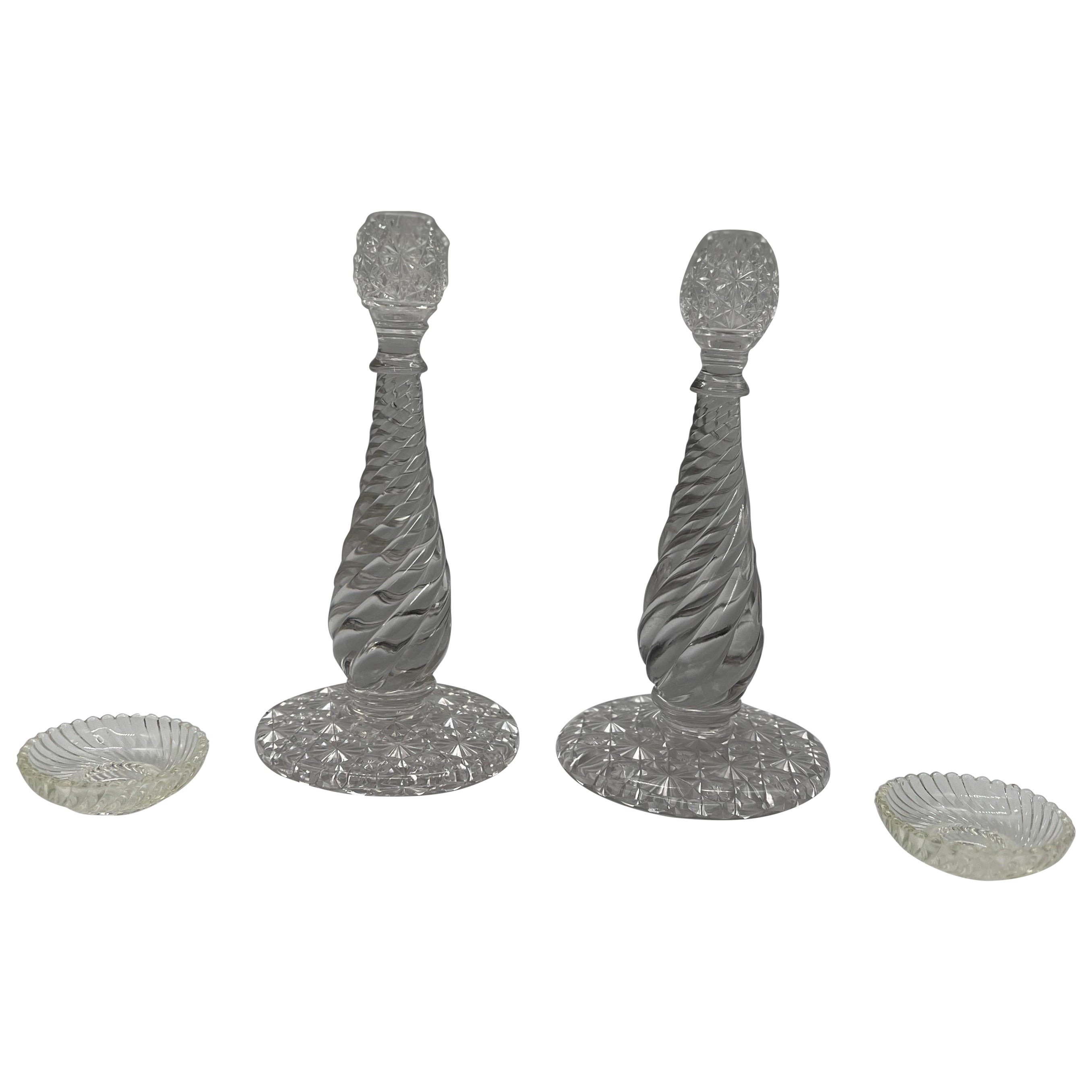 Pair, American Brilliant Period Cut Glass Russian & Swirl Pattern Candlesticks For Sale