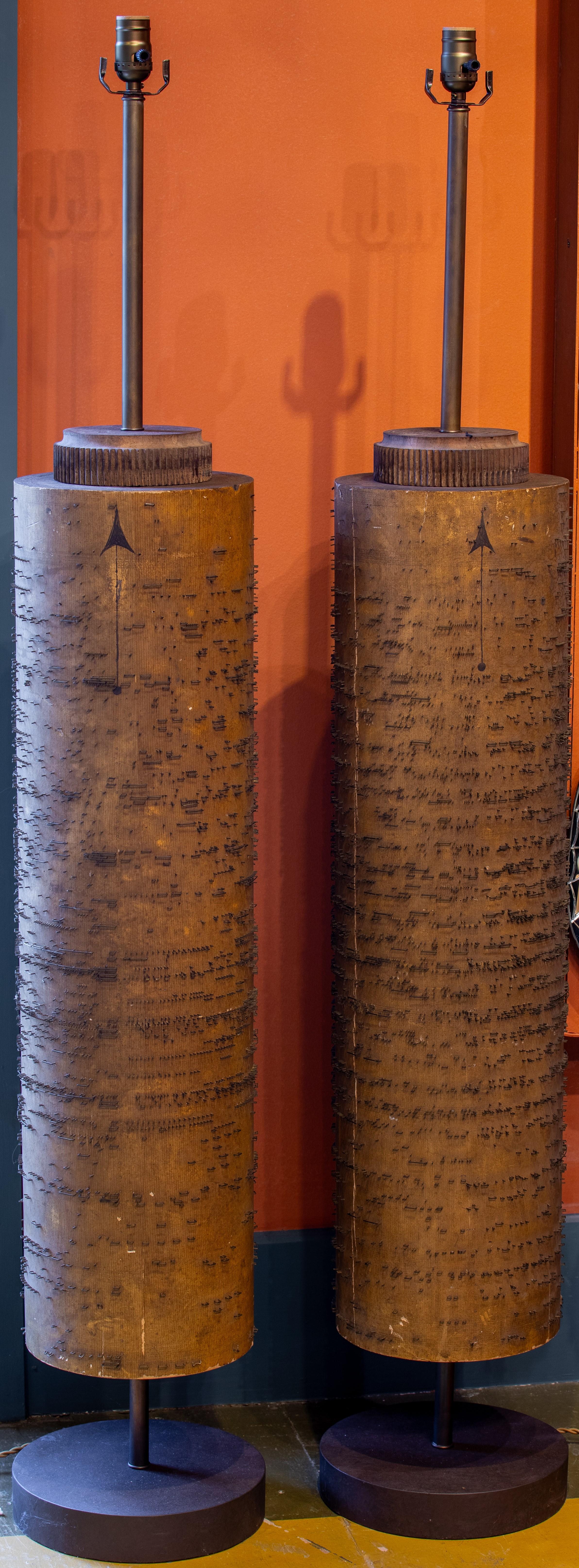 Pair of American Large Wood and Metal Columnar Lamps from Factory Rollers circa 1900.  The bases and bottom iron column are newly, custom-made.  The floor lamps are unique.  They have a simple, sophisticated, rustic appeal.  One might say that they