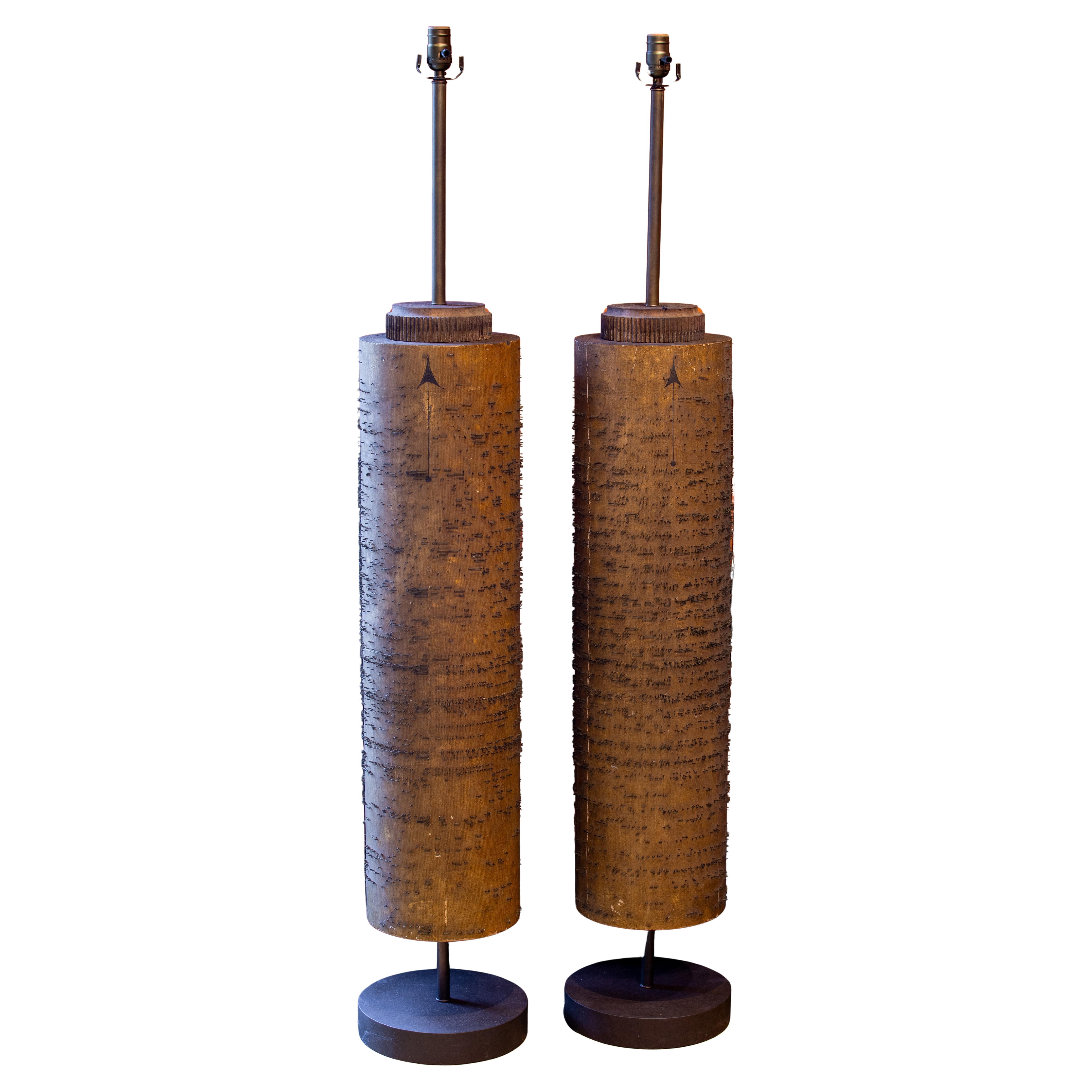 Pair American Large Columnar Floor Lamps from Factory Rollers with Iron Bases For Sale