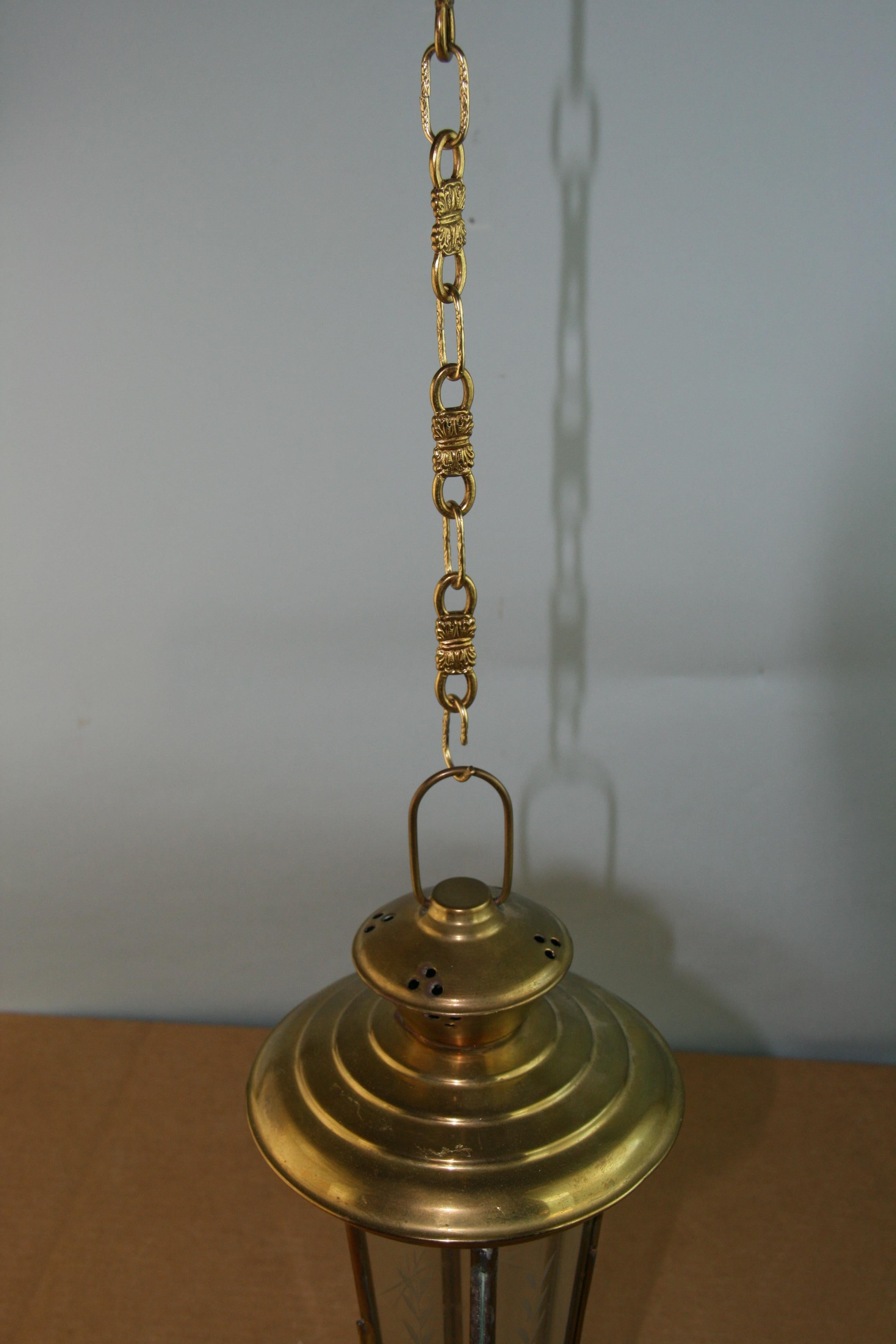 Pair American Made Brass and Cut Glass Garden Candle Lanterns with Antique Chain 3