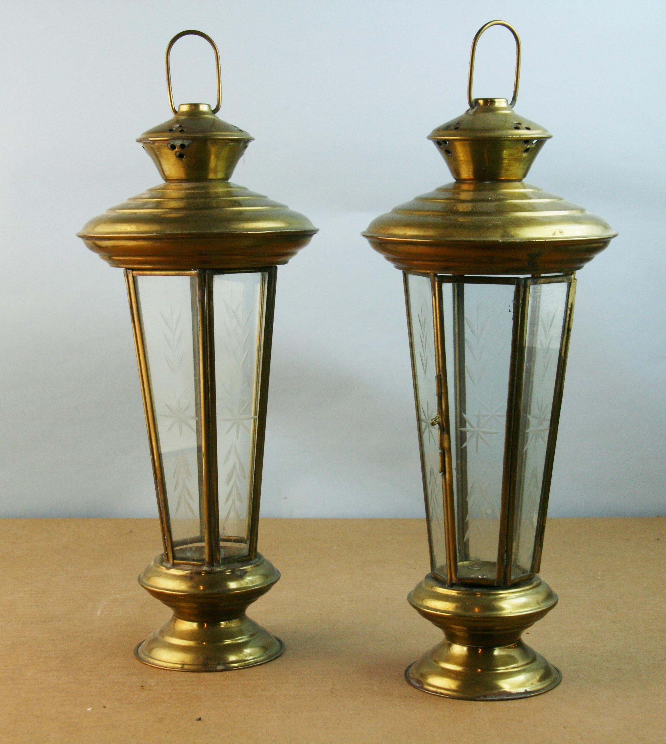 Pair American made solid brass and cut glass garden candle lanterns.
Supplied with 2 feet brass antique chain.