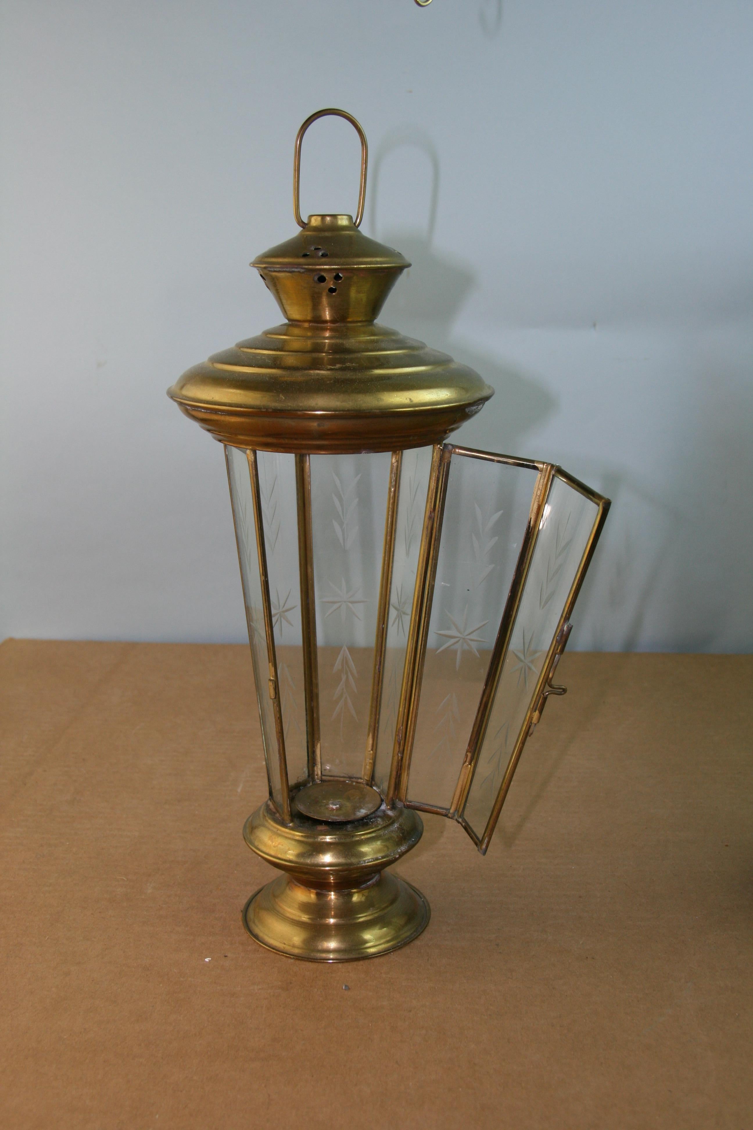 Pair American Made Brass and Cut Glass Garden Candle Lanterns with Antique Chain In Good Condition In Douglas Manor, NY