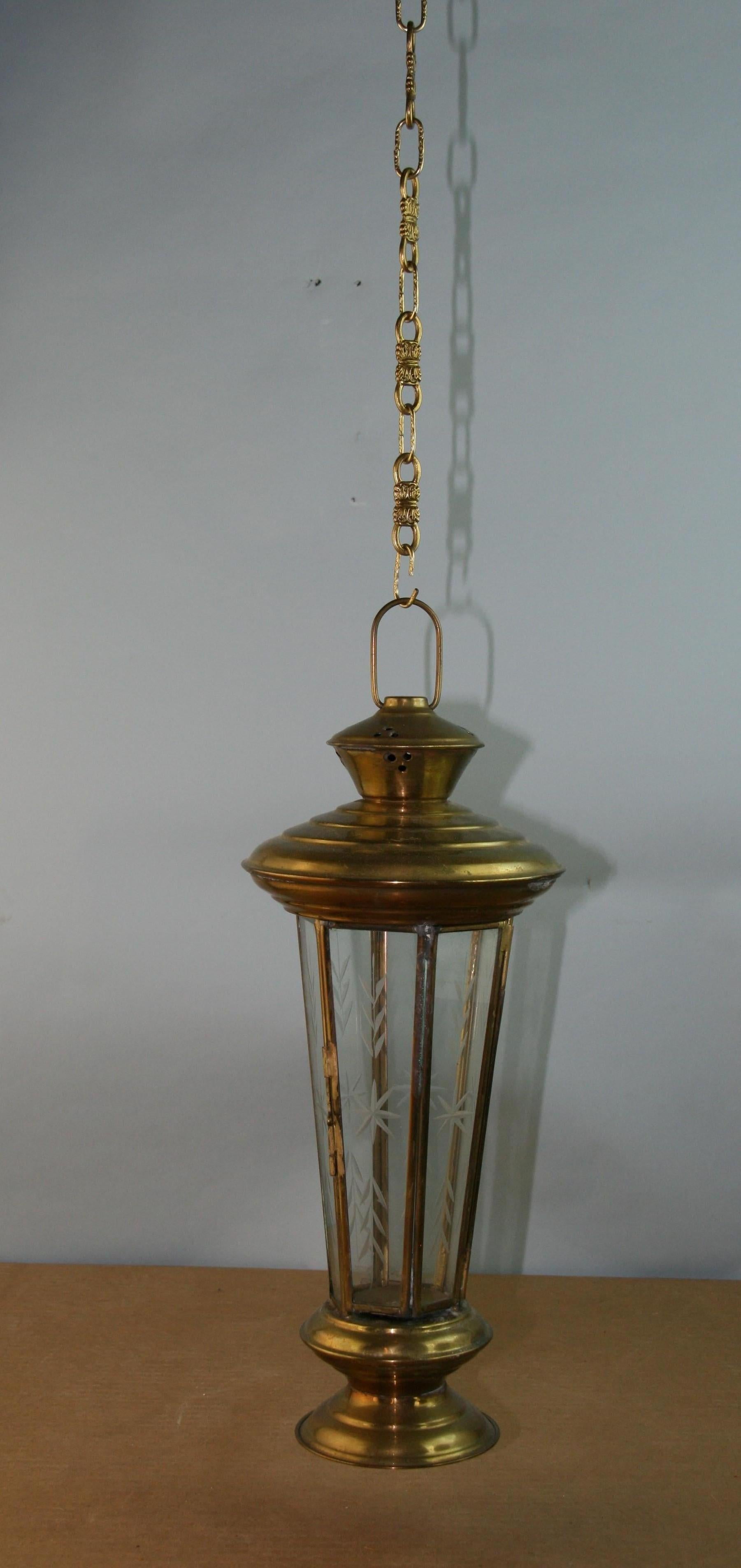 Pair American Made Brass and Cut Glass Garden Candle Lanterns with Antique Chain 1