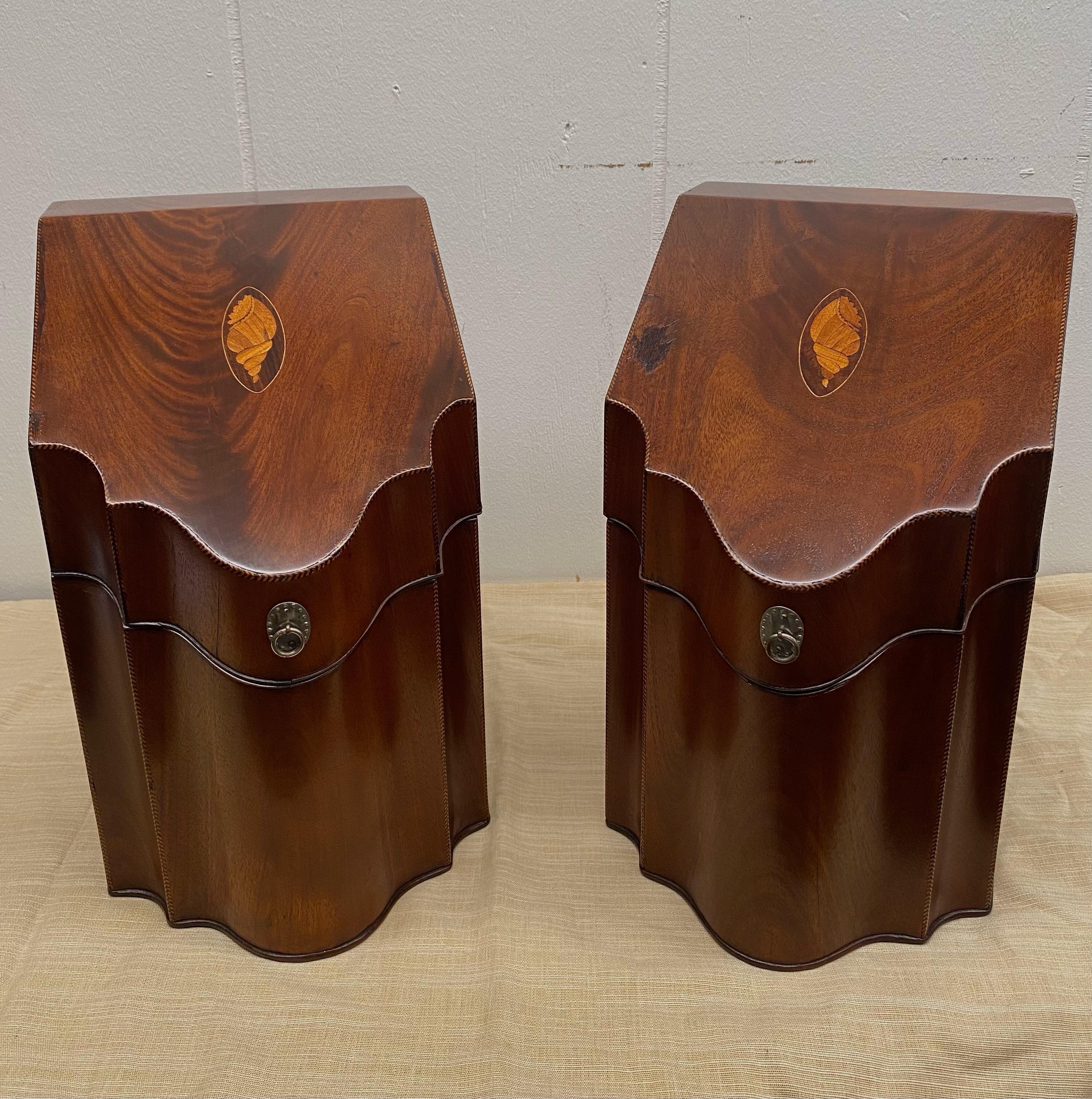 Pair American Mahogany Serpentine Inlaid Knife Boxes with Cutlery Interiors For Sale 8