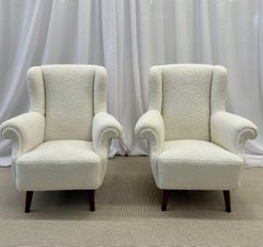 Pair American Mid-Century Scroll Lounge / Wingback Chairs, Boucle, Draper Style