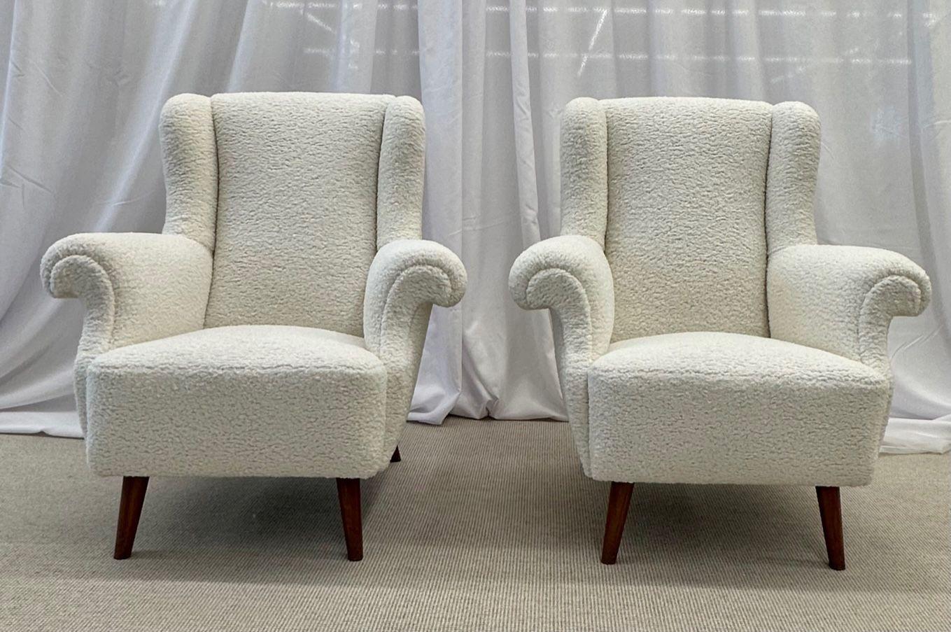 Mid-Century Modern Pair American Mid-Century Scroll Lounge / Wingback Chairs, Boucle, Draper Style For Sale