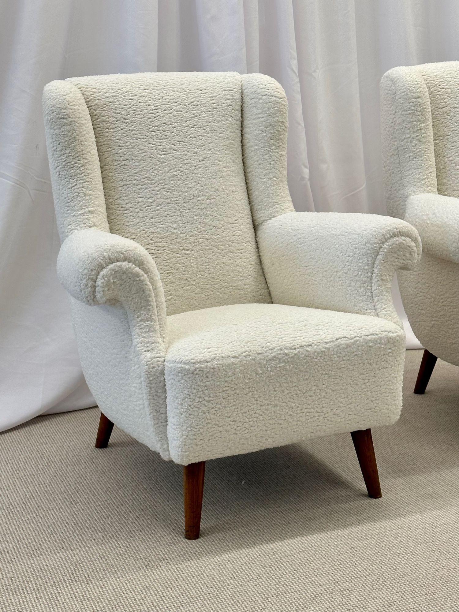 Mid-20th Century Pair American Mid-Century Scroll Lounge / Wingback Chairs, Boucle, Draper Style For Sale