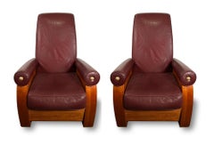 Pair American Modern High Back Mahogany and Leather Chairs, Pace Collection