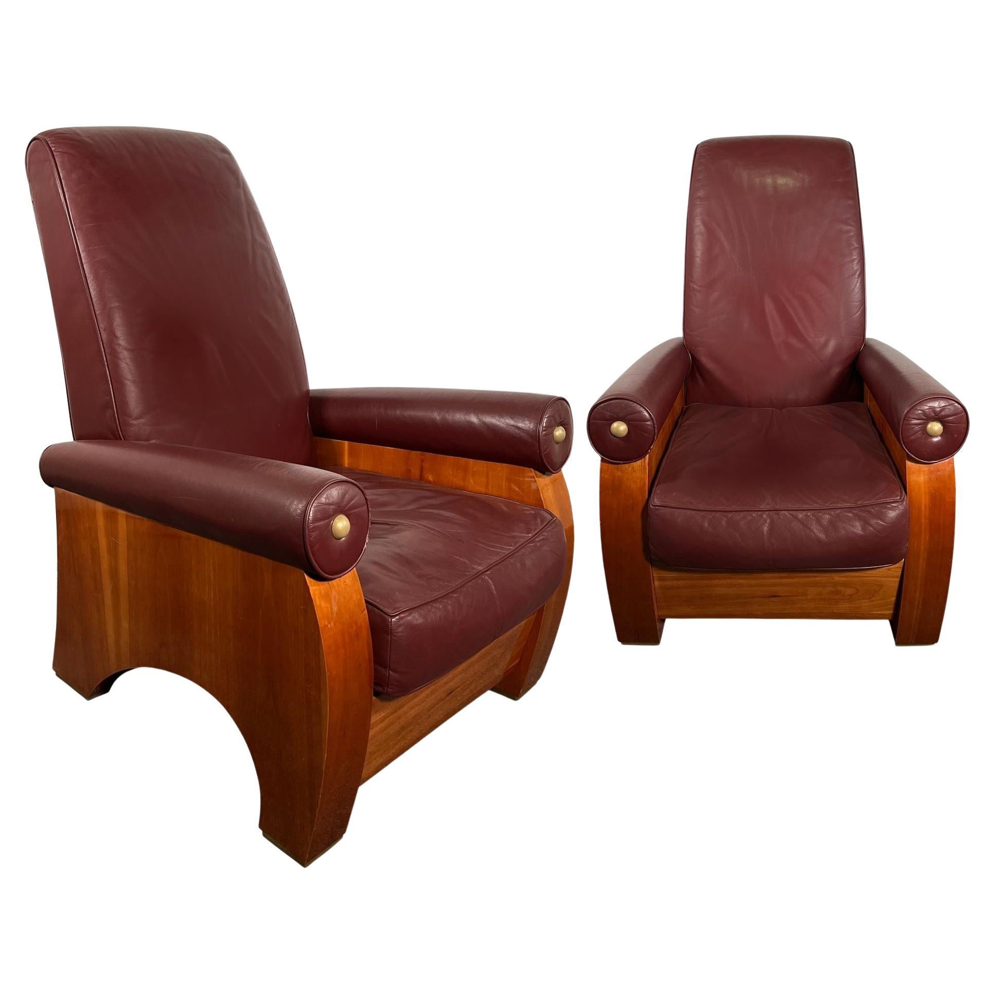 Pair American Modern High Back Mahogany and Leather Chairs, Pace Collection For Sale