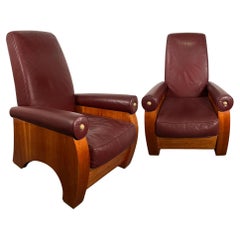 Vintage Pair American Modern High Back Mahogany and Leather Chairs, Pace Collection