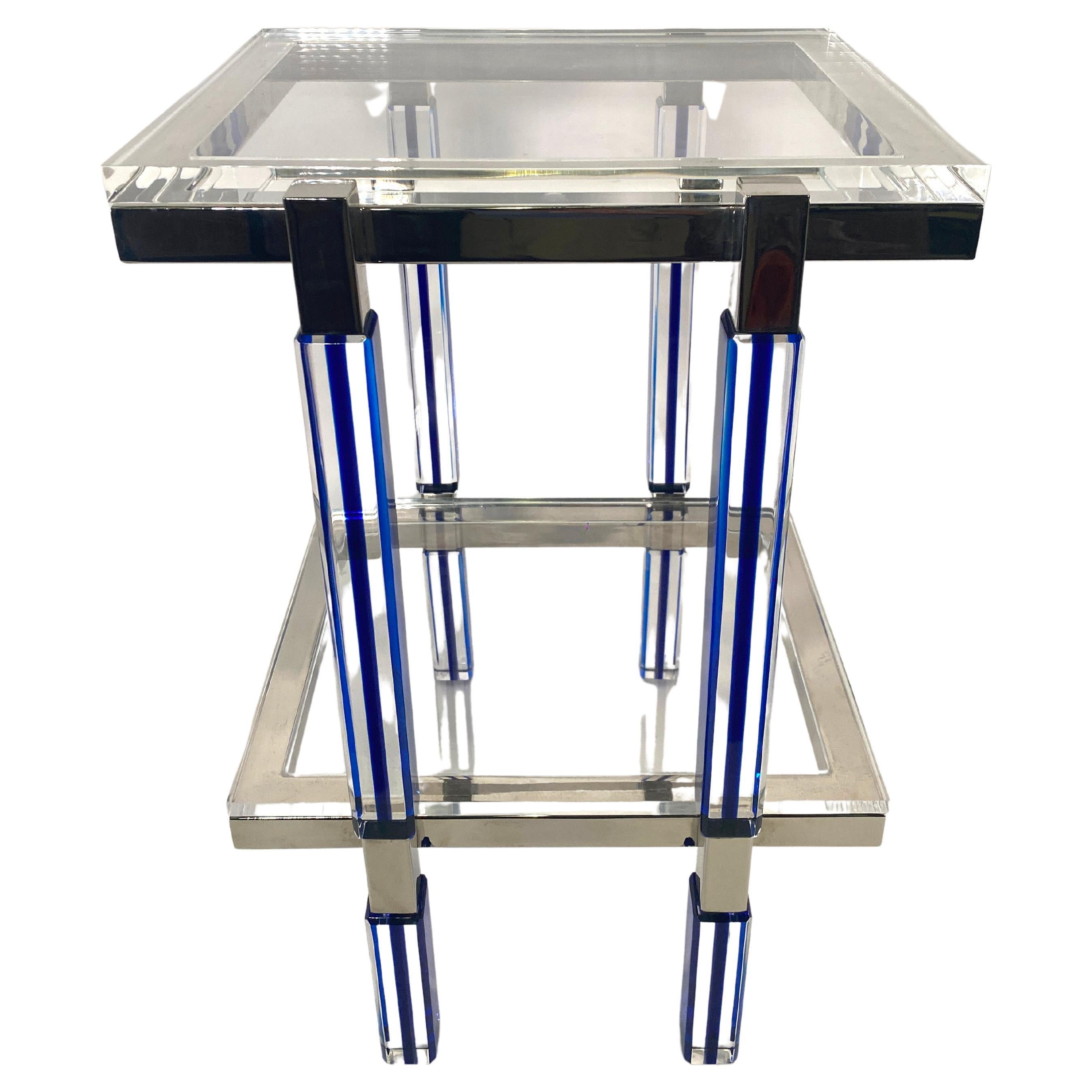 Pair American Modern"METRIC"Tables, Blue Lucite & Nickel, Charles Hollis Jones For Sale