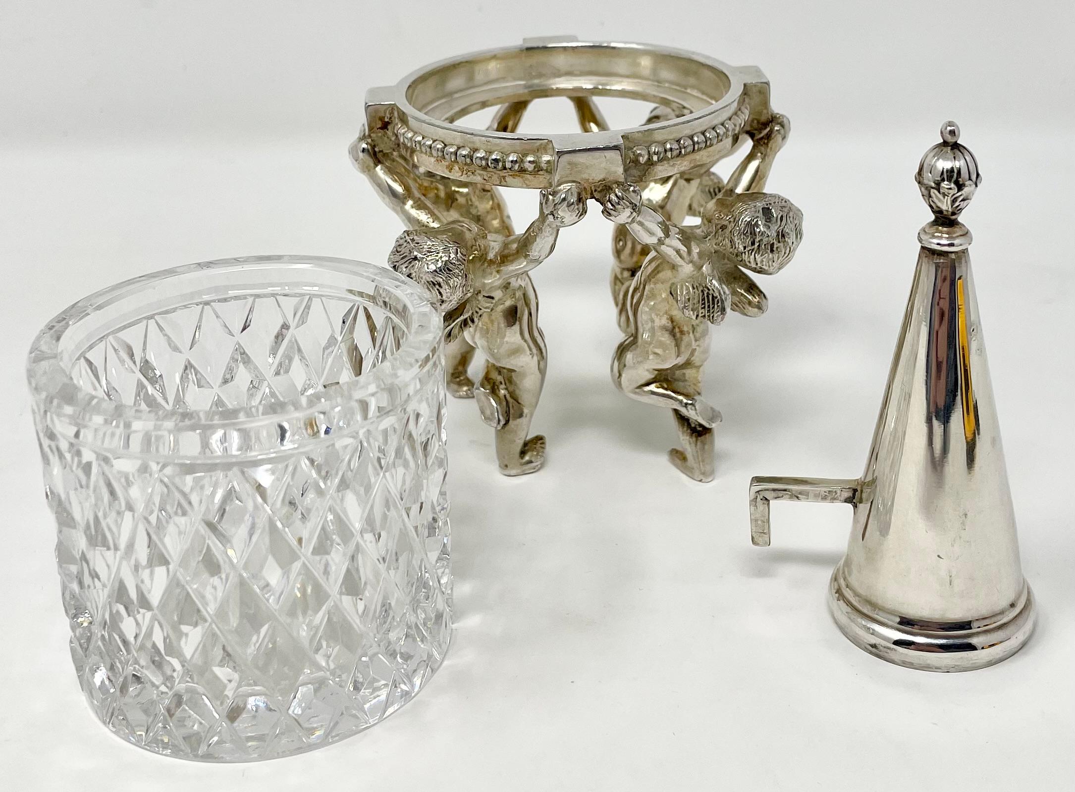 20th Century Pair American Pairpoint Silvered Bronze & Cut Crystal Candle Votives w/ Stoppers For Sale