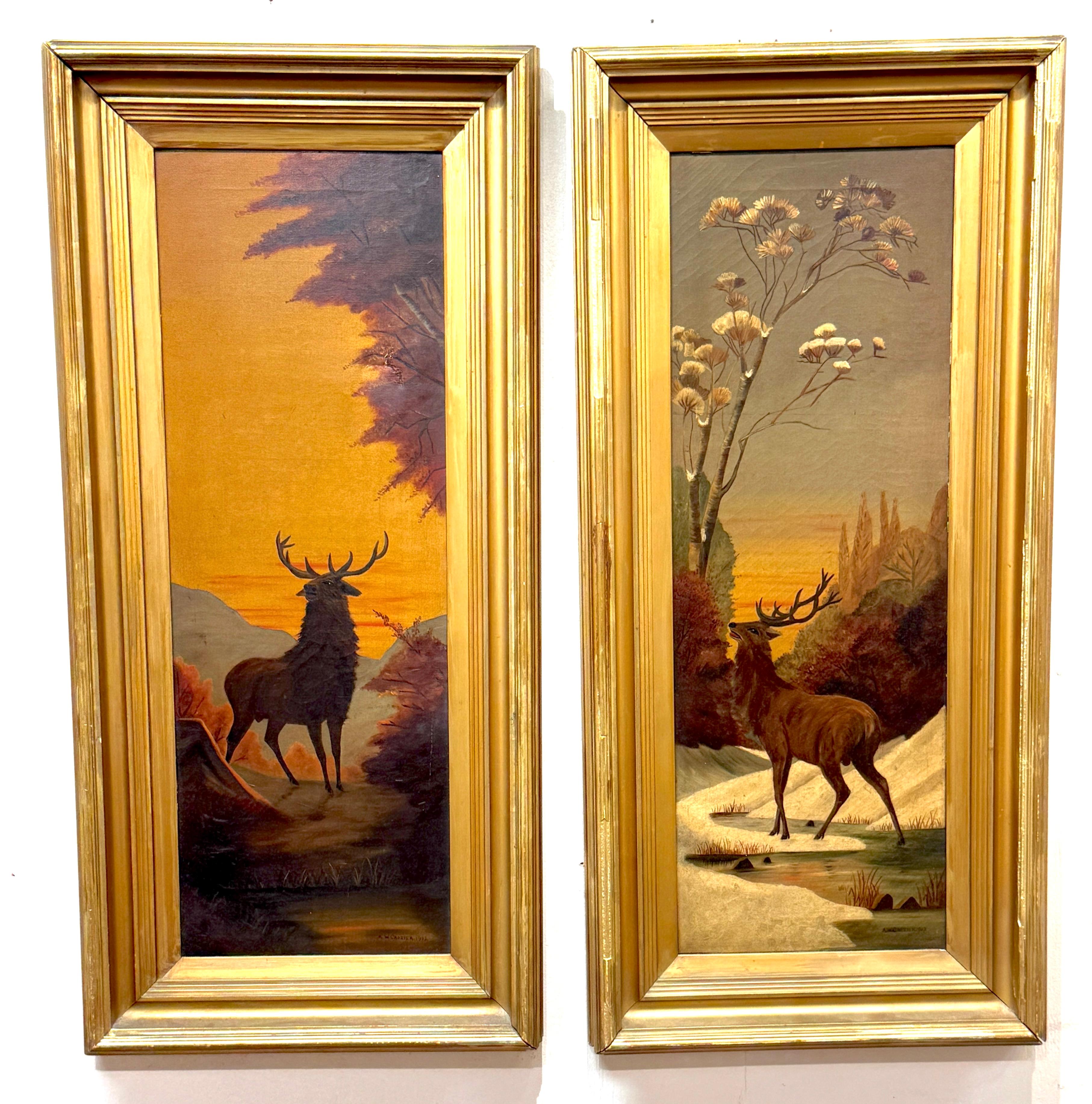 Paar amerikanische Sportgemälde von Elch und Weißwedelhirsch, signiert A.W. Crozier, 1907

Ein seltenes, zusammengehöriges Paar amerikanischer Sportgemälde, signiert und datiert A.W. Crozier, 1907. Die in Öl auf Leinwand gemalten, hohen und schmalen