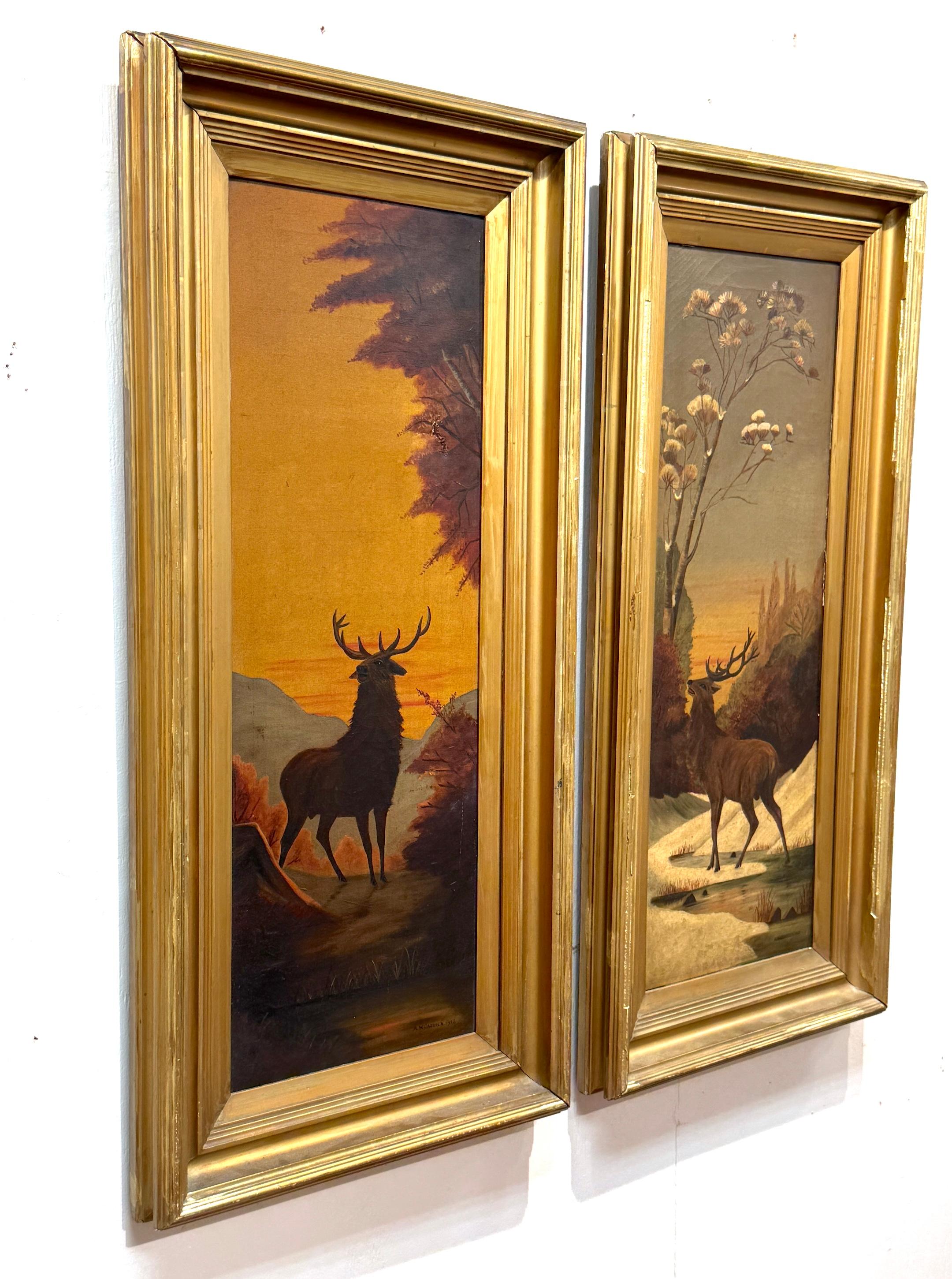 Paar amerikanische Sportgemälde Elch und Weißwedelhirschbock, signiert A. Crozier (Jagdkunst) im Angebot