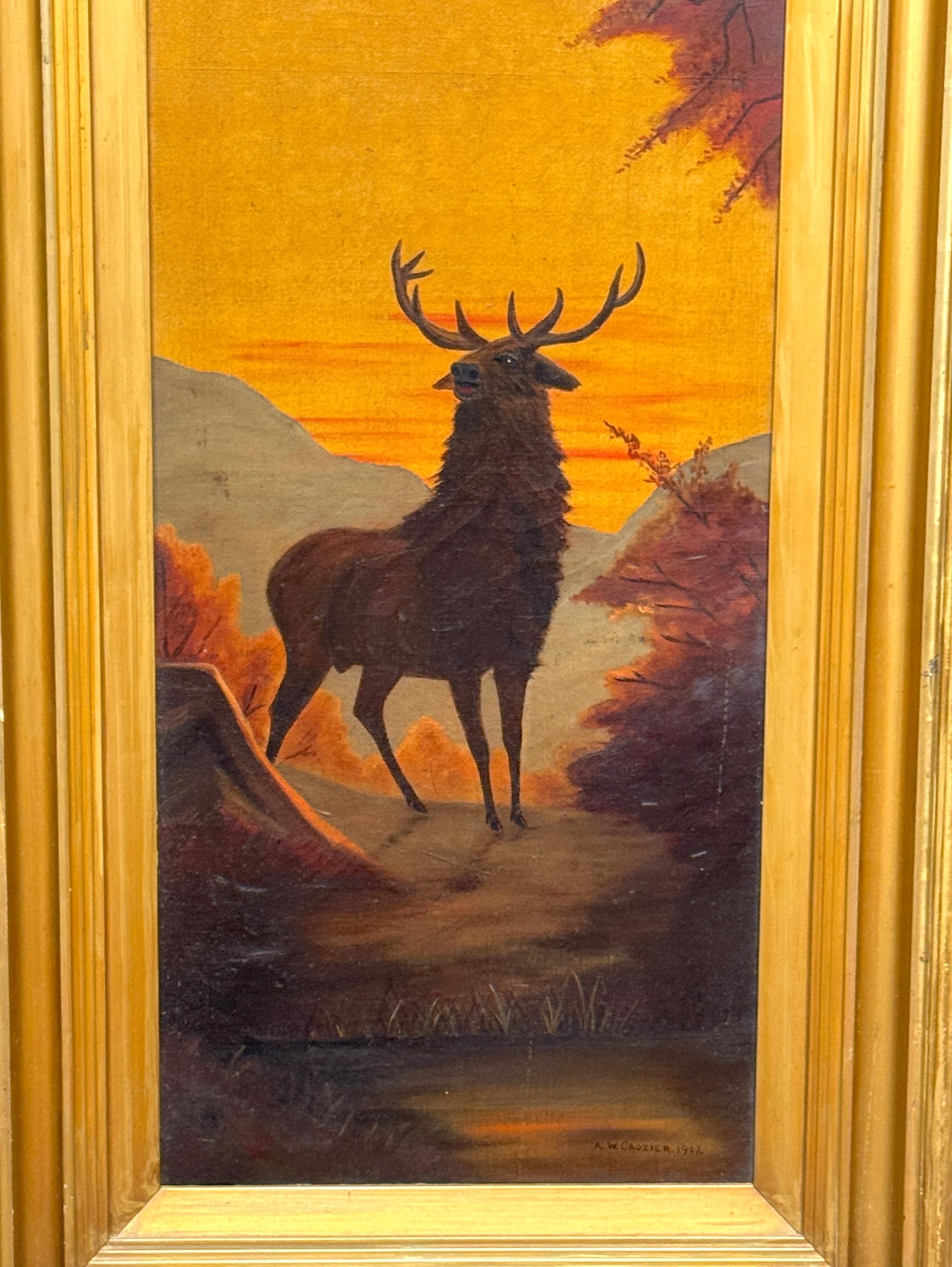 Paar amerikanische Sportgemälde Elch und Weißwedelhirschbock, signiert A. Crozier (Leinwand) im Angebot