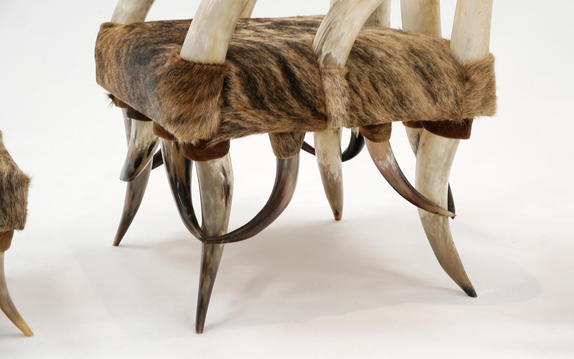 Pair American Steer Horn Chairs with Ottomans. Brown & Tan Cowhide Upholstery For Sale 3