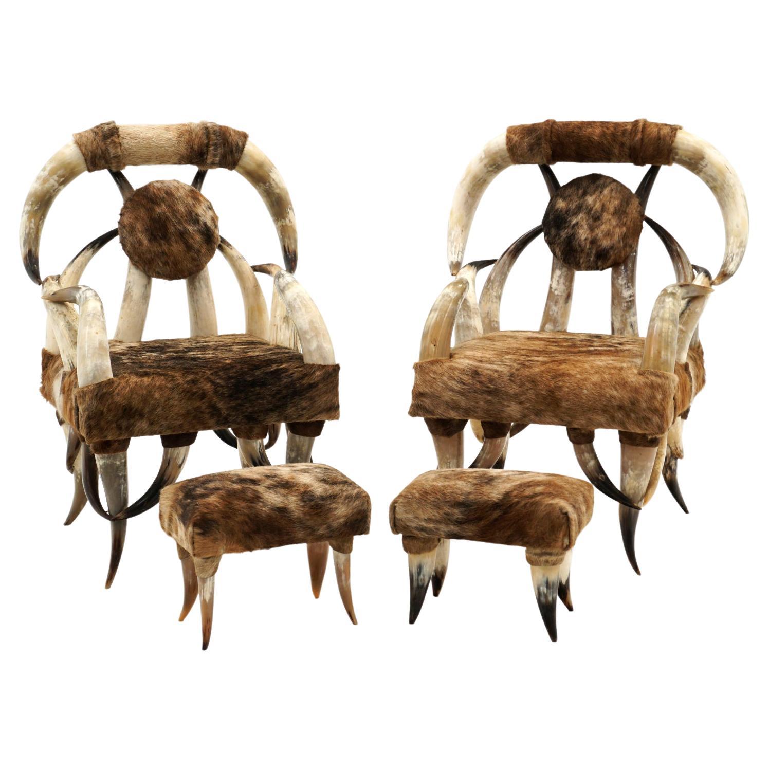 Pair American Steer Horn Chairs with Ottomans. Brown & Tan Cowhide Upholstery For Sale
