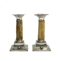Pair American Sterling Silver and Antler Arts and Crafts Candlesticks circa 1910