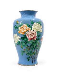Pair Ando Japanese Cloisonne Enamel Vases With Roses on Chalcedony Ground