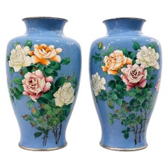 Pair Ando Japanese Cloisonne Enamel Vases With Roses on Chalcedony Ground
