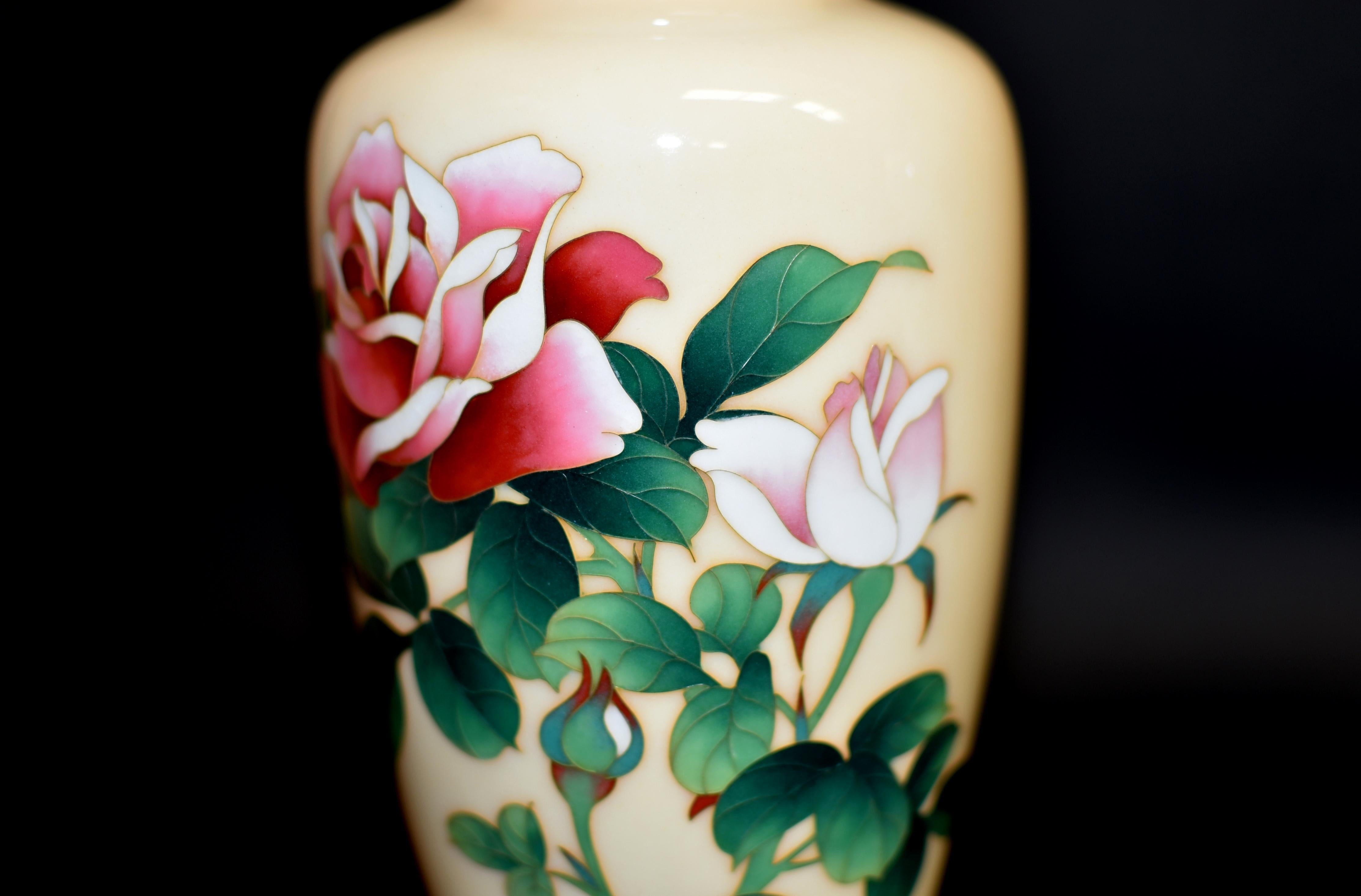 Pair Ando Jubei Signed Wireless Cloisonné Vases with Roses For Sale 3