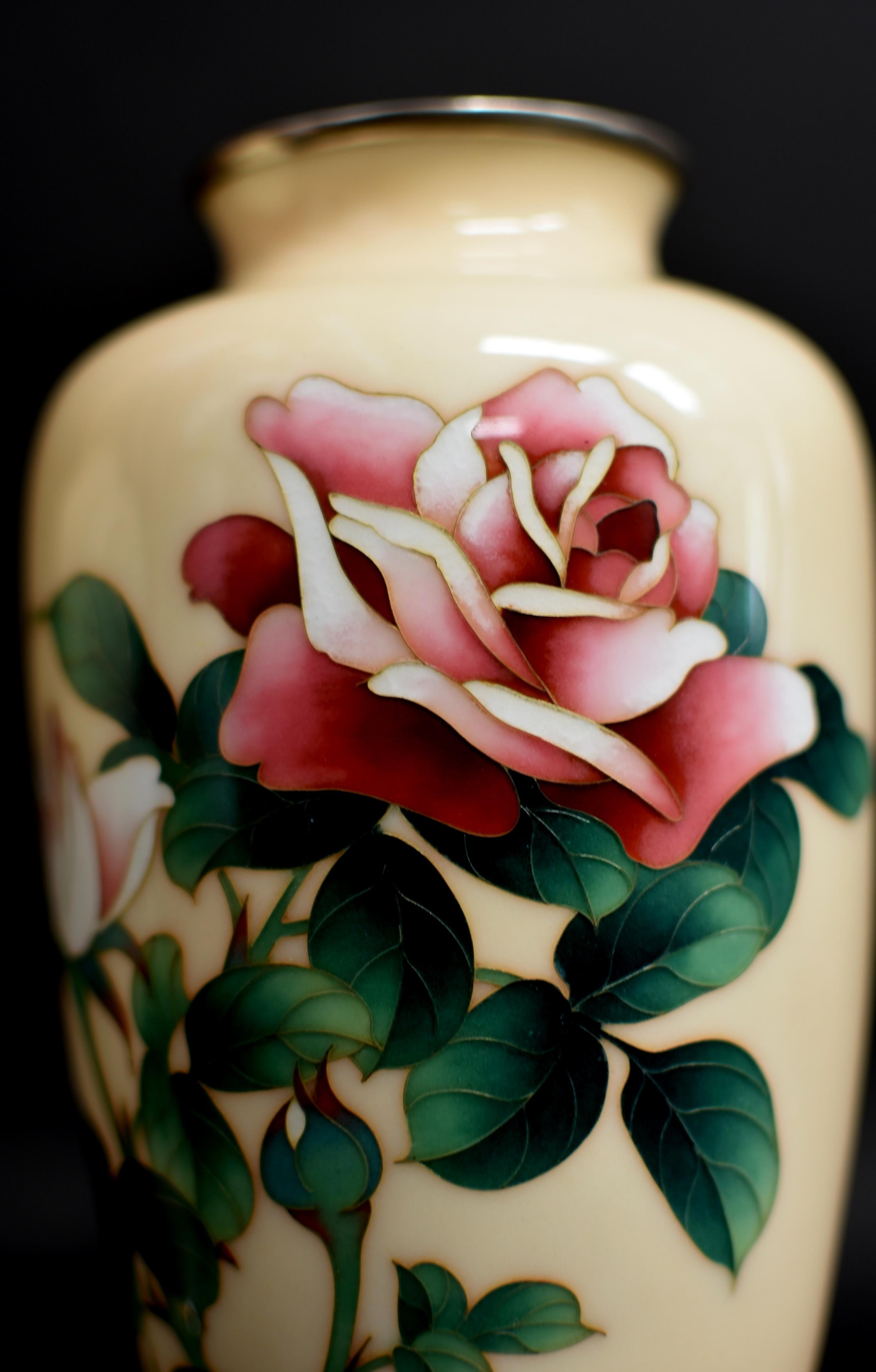 Pair Ando Jubei Signed Wireless Cloisonné Vases with Roses For Sale 4