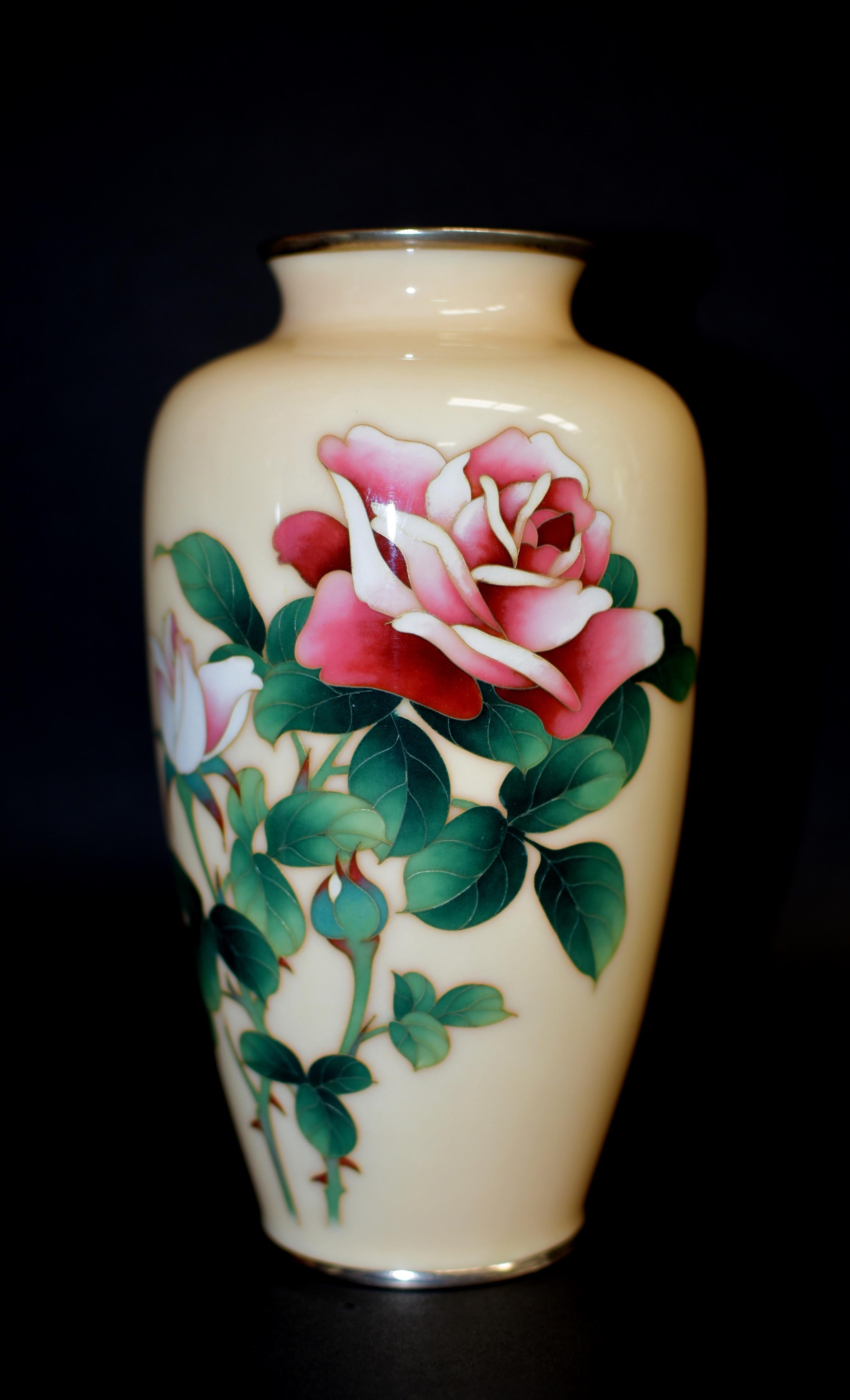 Pair Ando Jubei Signed Wireless Cloisonné Vases with Roses For Sale 5