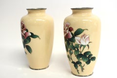 Pair Ando Jubei Signed Wireless Cloisonné Vases with Roses