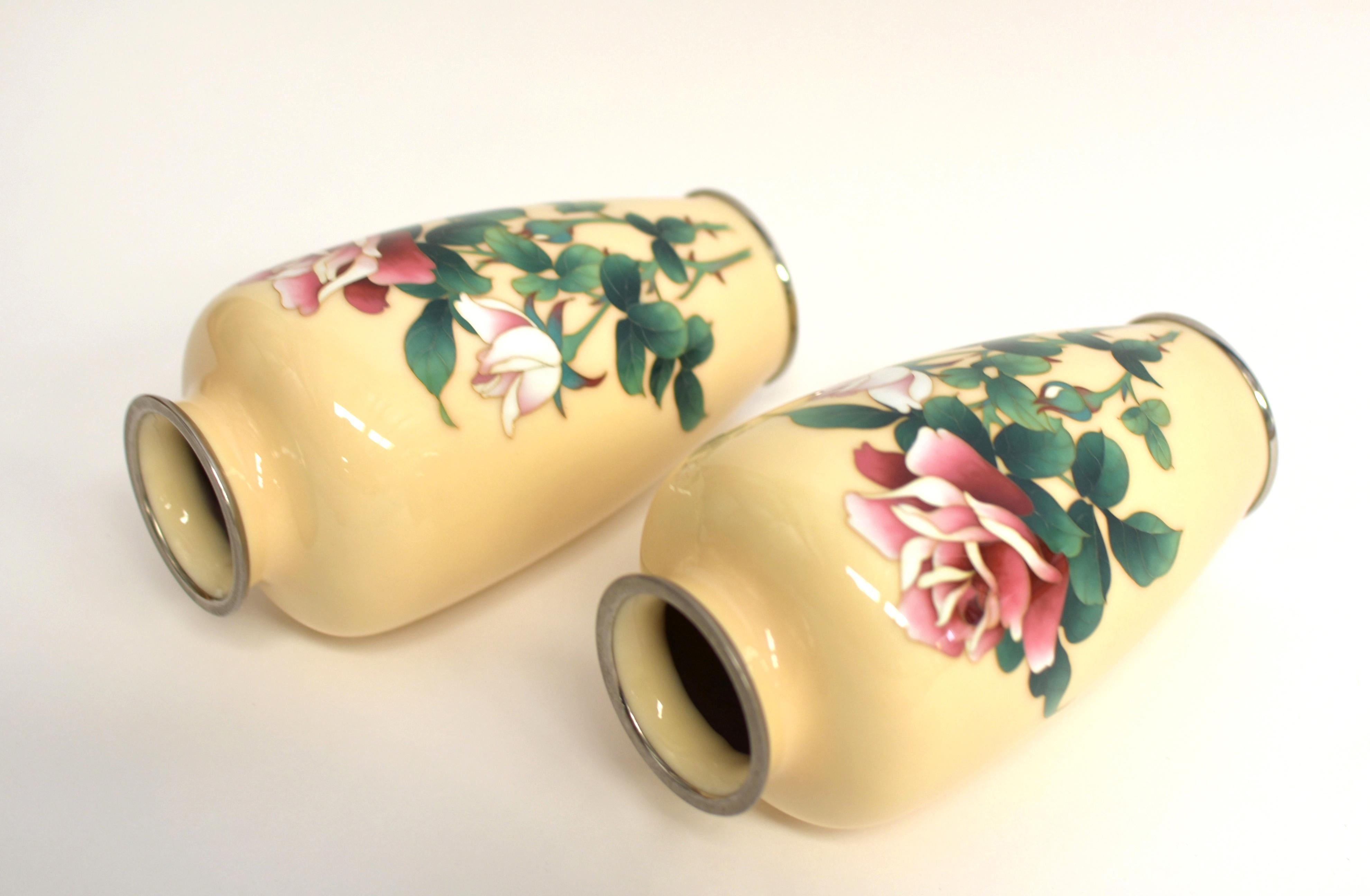 Japanese Pair Ando Jubei Signed Wireless Cloisonné Vases with Roses For Sale