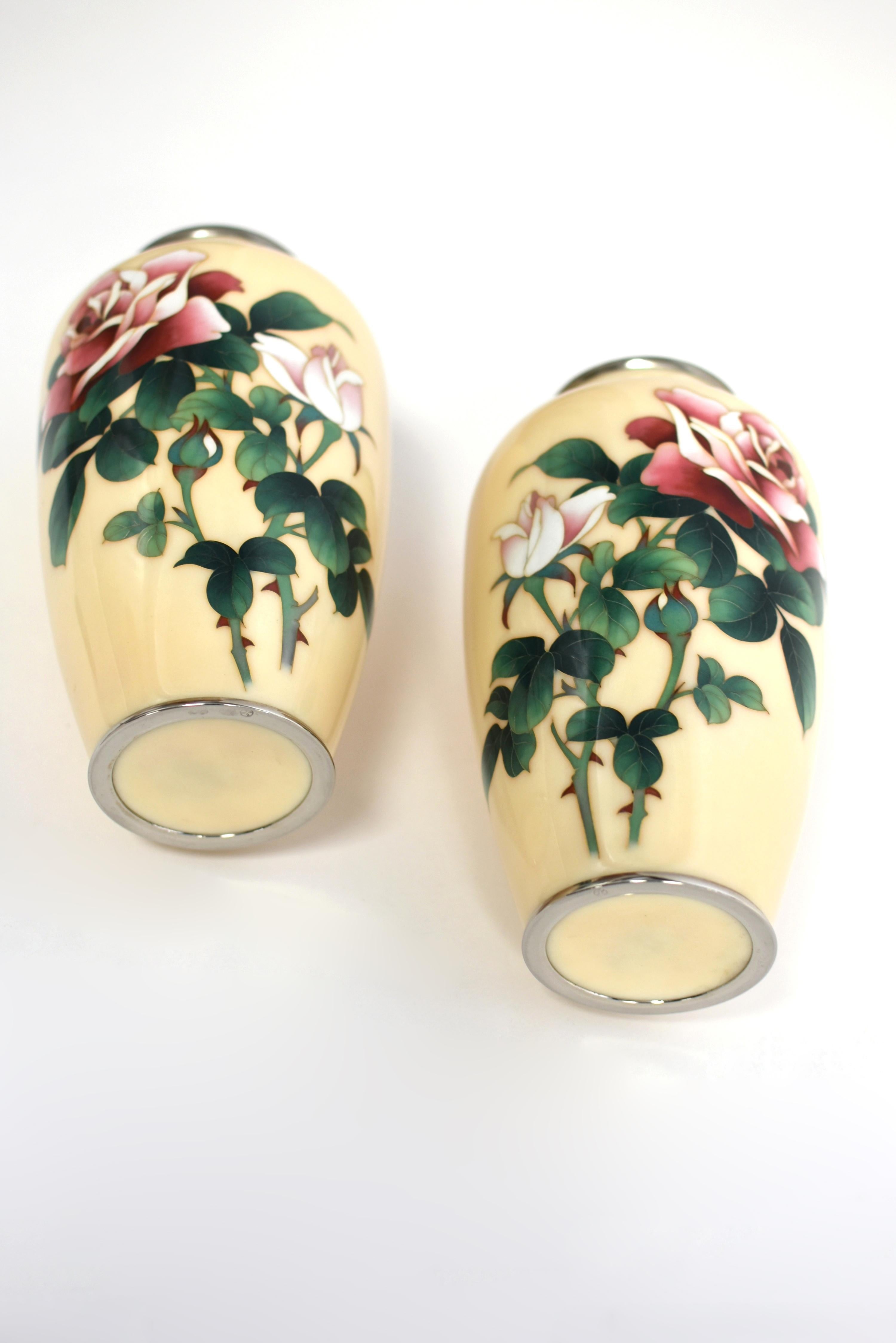 20th Century Pair Ando Jubei Signed Wireless Cloisonné Vases with Roses