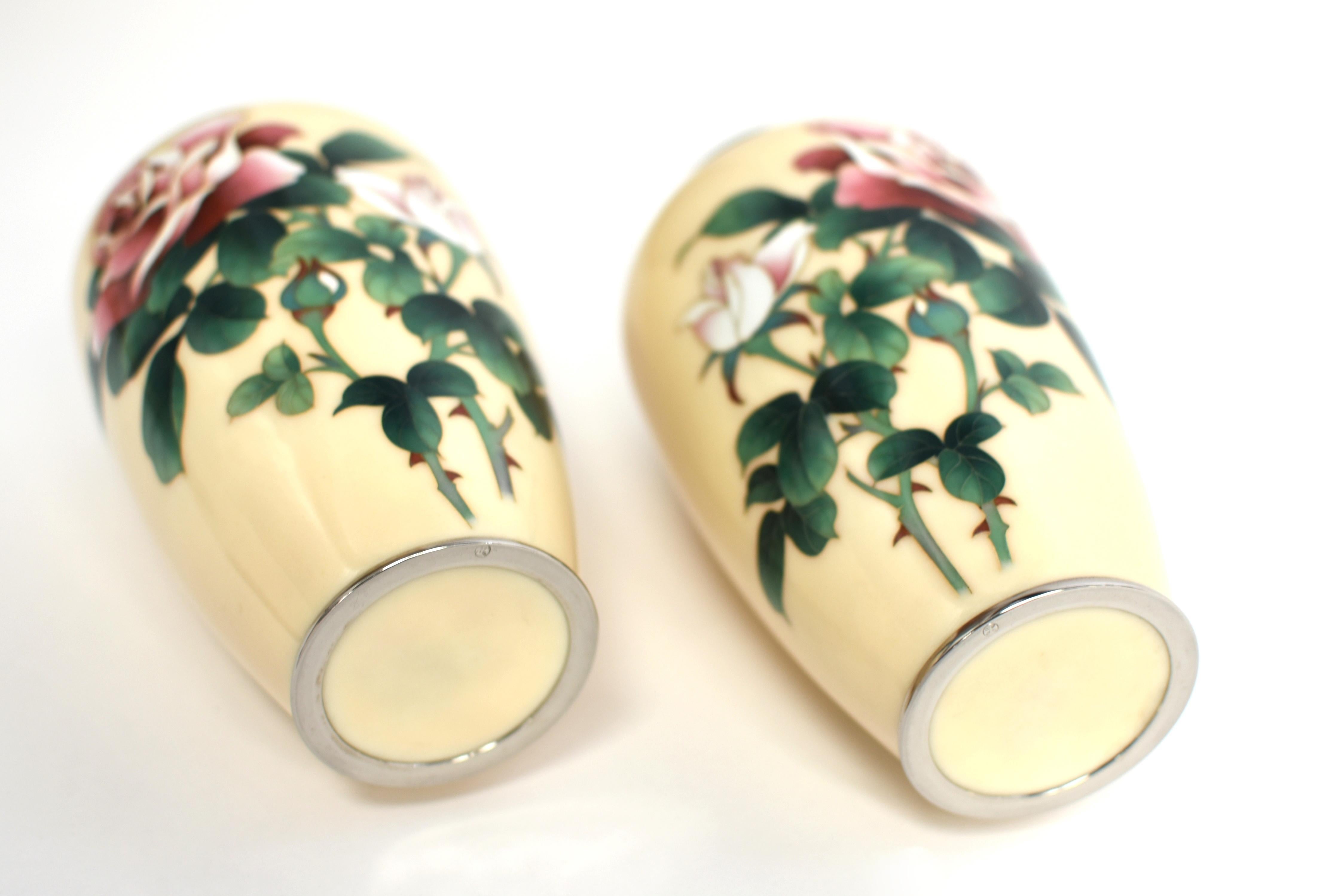 Enamel Pair Ando Jubei Signed Wireless Cloisonné Vases with Roses
