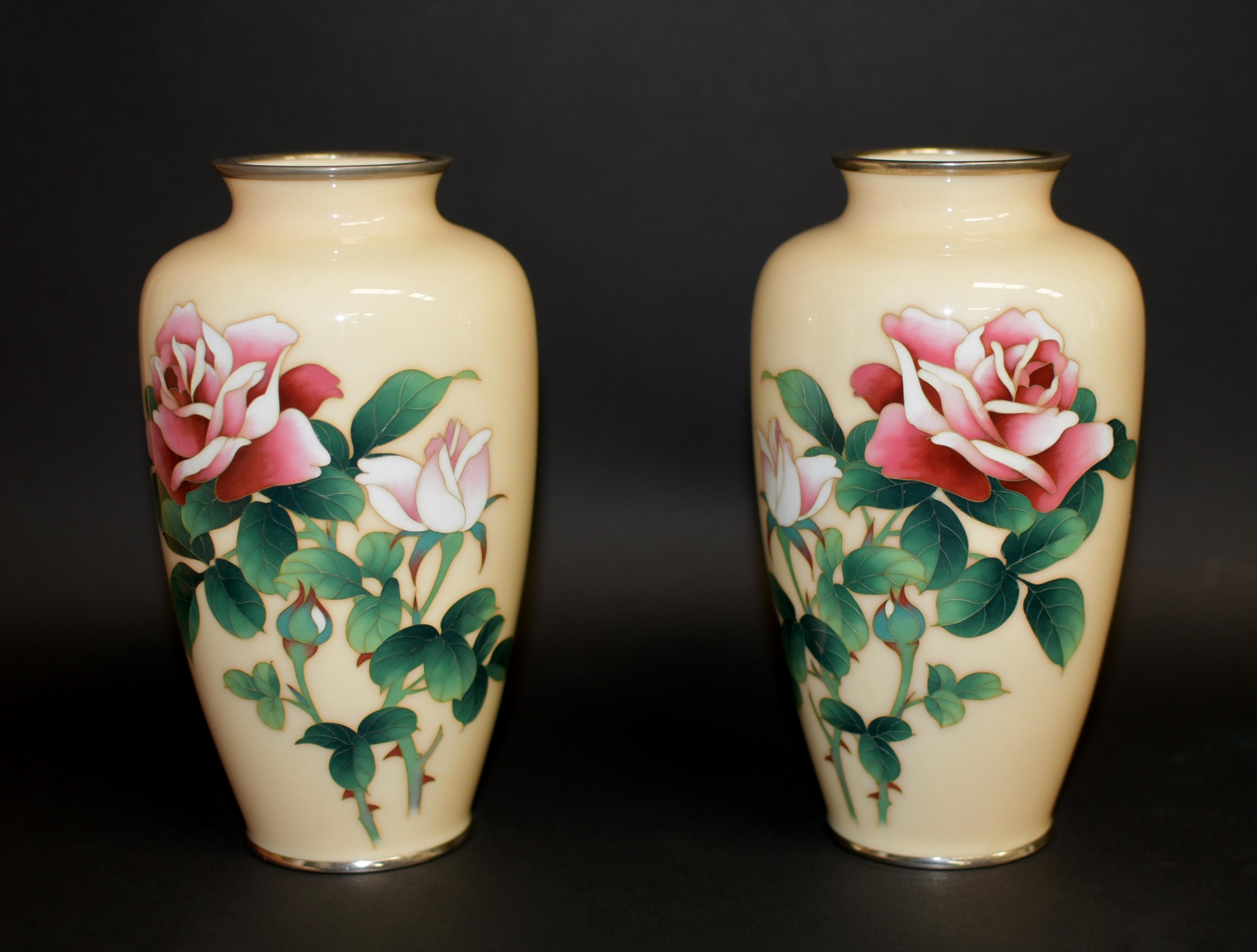 Pair Ando Jubei Signed Wireless Cloisonné Vases with Roses For Sale 1